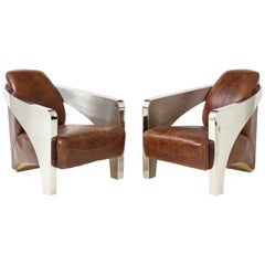 Pair of French Art Deco Style Chrome and Leather Aviator Club Chairs