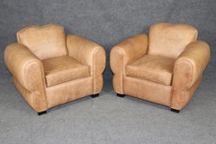 Pair of French Art Deco Style Distressed Leather Moustache Club Chairs