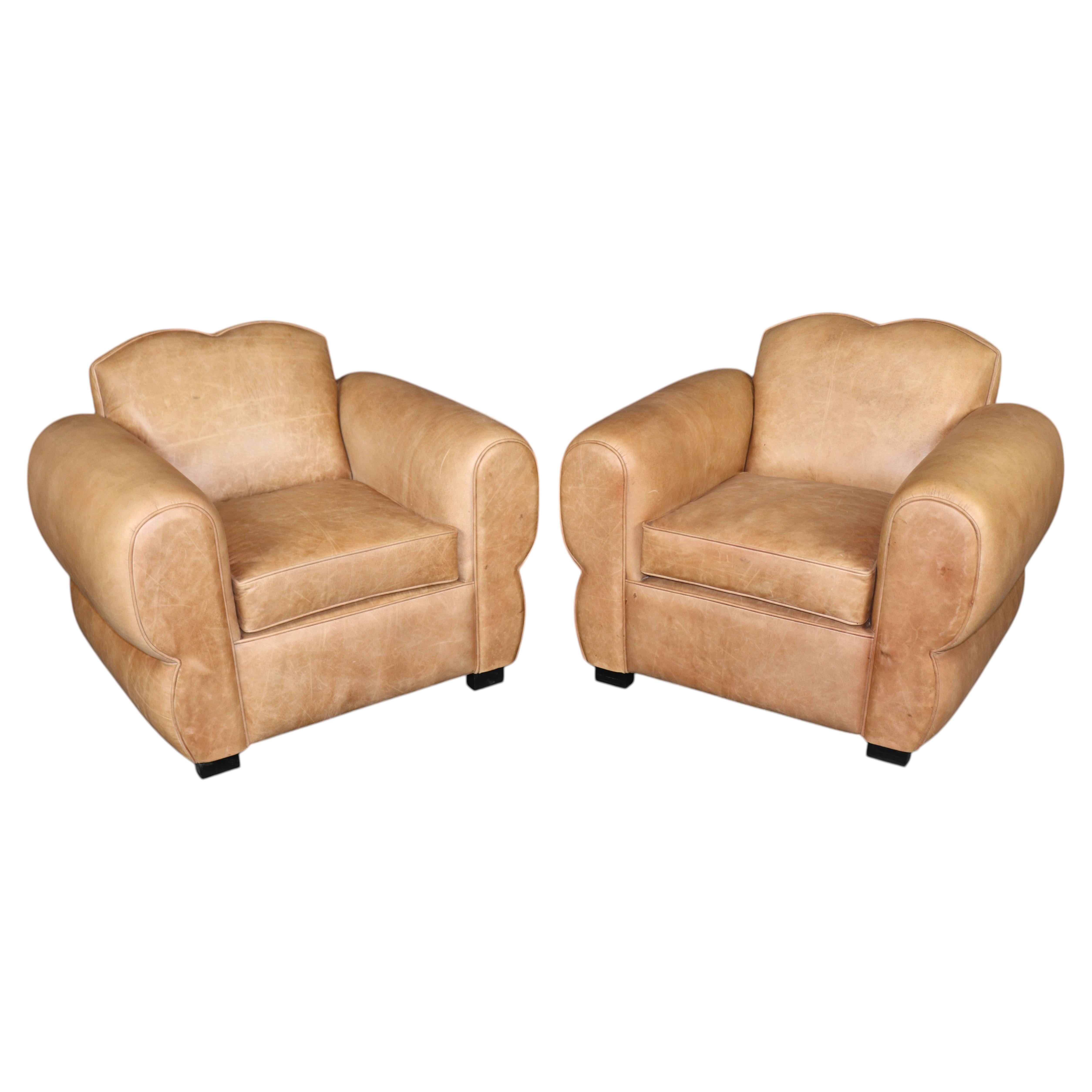Pair of French Art Deco Style Distressed Leather Moustache Club Chairs