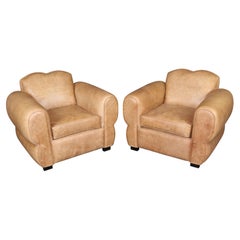 Pair of French Art Deco Style Distressed Leather Moustache Club Chairs
