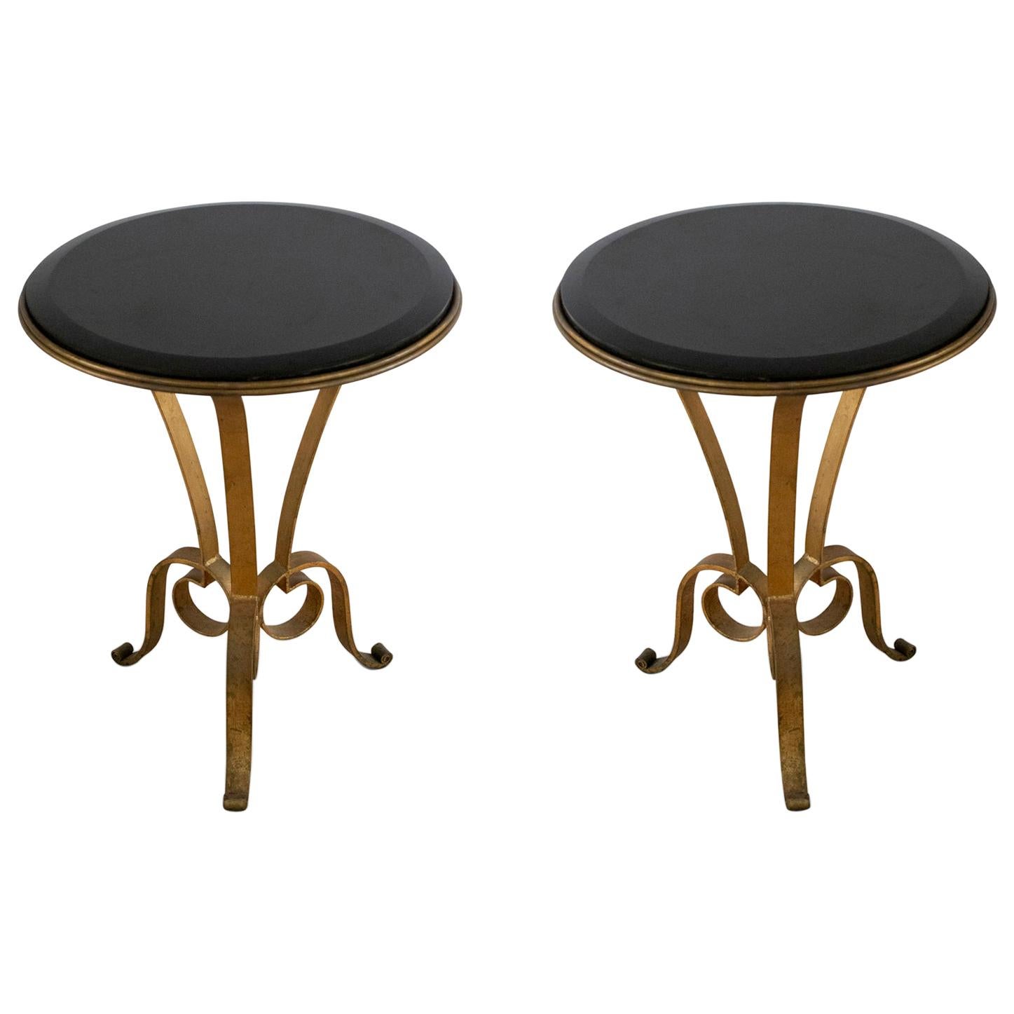 Pair of French Art Deco Style Gilt Metal and Black Marble Circular Tables
