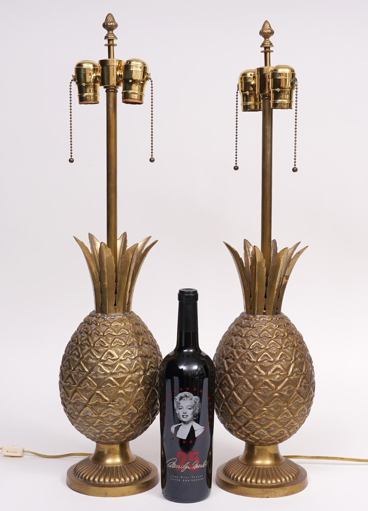 Pair of French Art Deco Style Pineapple Bronze Table Lamps, circa 1950 1