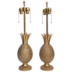 Pair of French Art Deco Style Pineapple Bronze Table Lamps, circa 1950