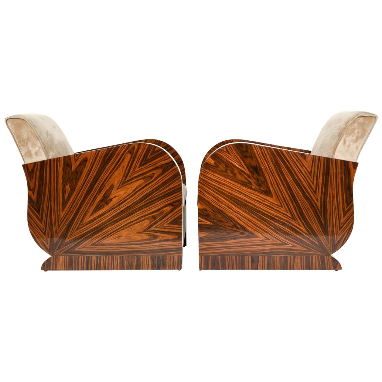 Pair of French Art Deco Style Zebra Wood Lounge Chairs