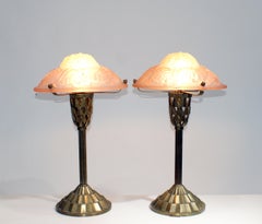 Art Deco Table Lamps by David Gueron Degue, Pink Glass & Bronze