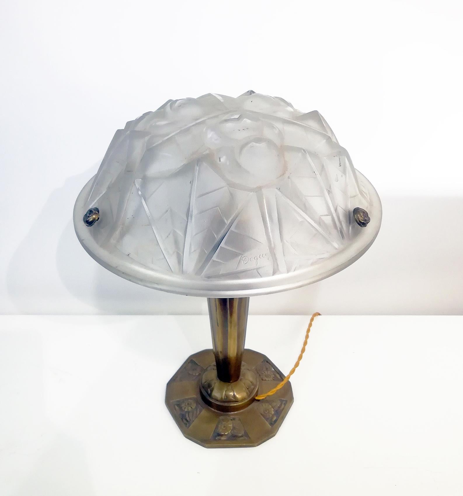 Glass Pair of French Art Deco Table Lamp Signed “Degué” For Sale