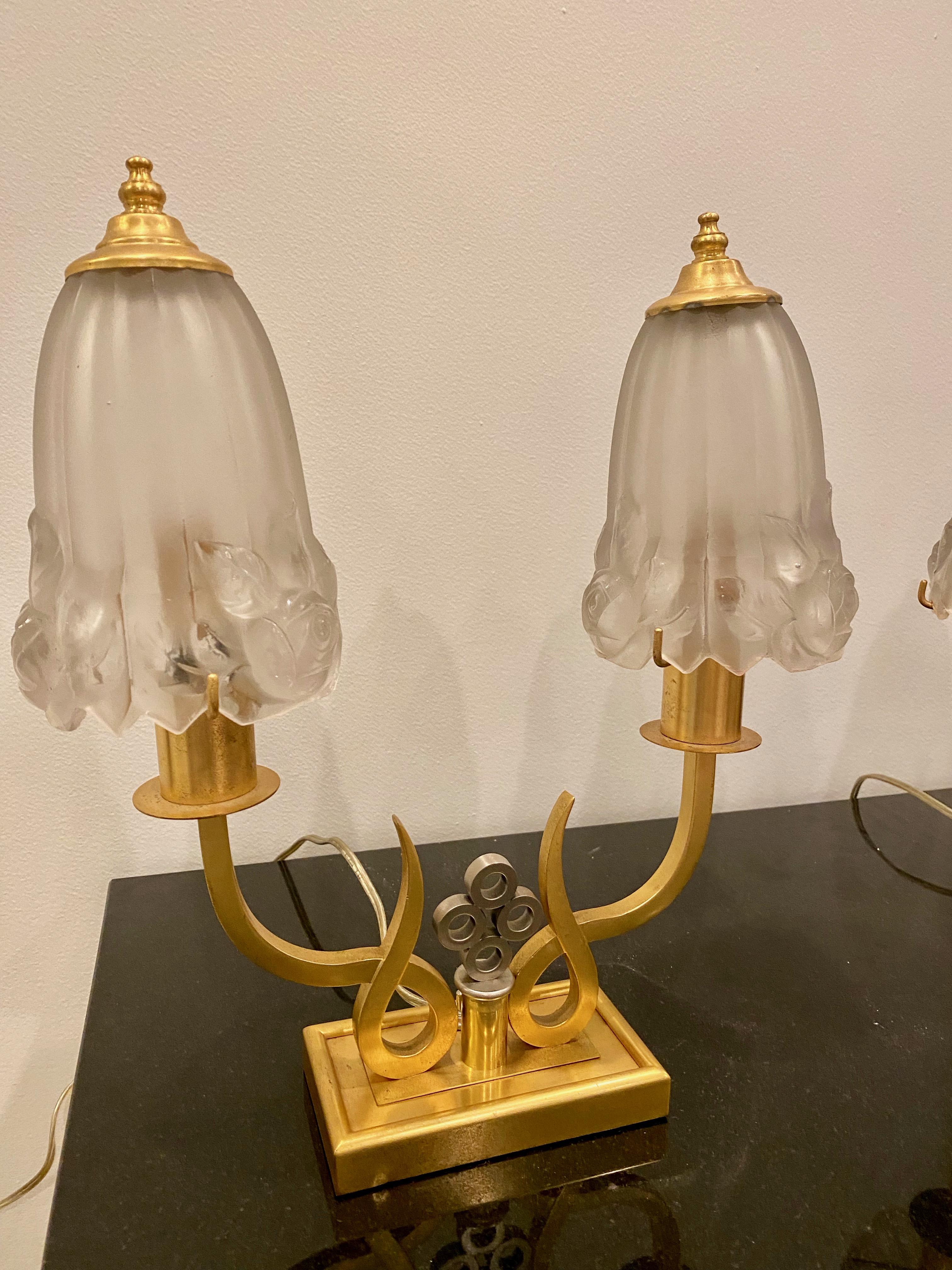 Pair of French Art Deco table Lamps by G Leleu In Good Condition For Sale In North Bergen, NJ