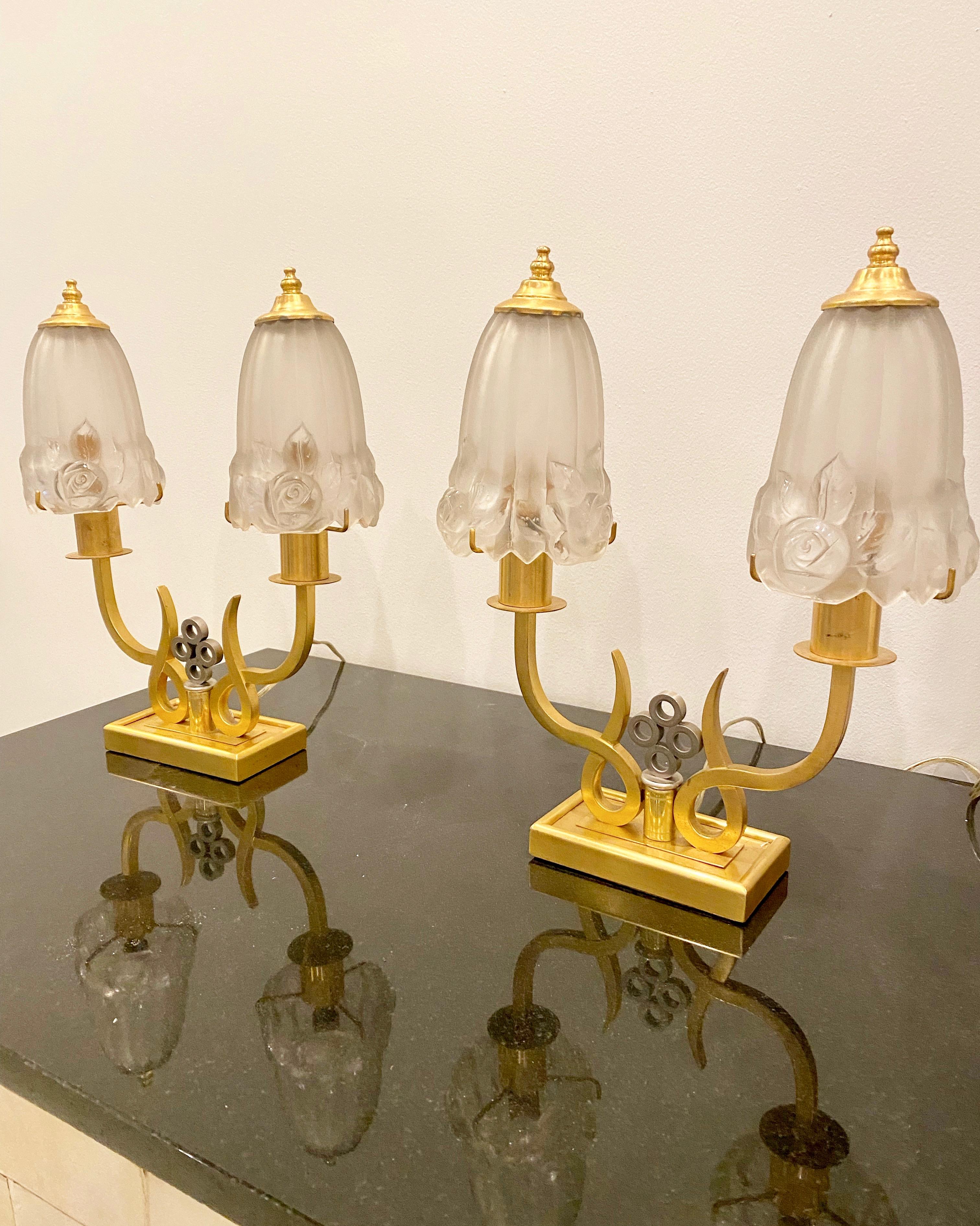 Paar französische Art-Déco-Tischlampen von G Leleu  im Angebot 3