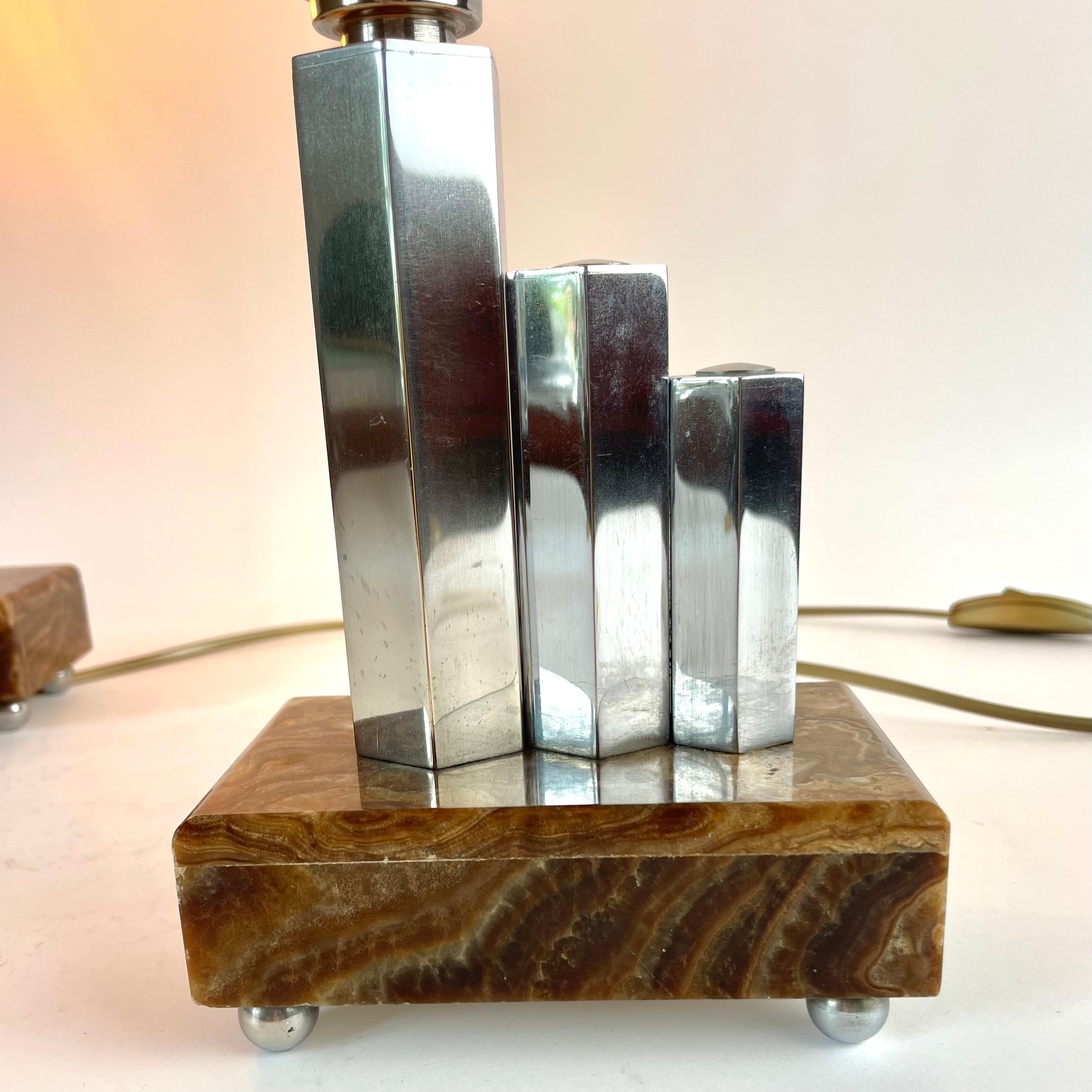 Pair of French Art Deco Table Lamps in Onyx, Chrome & Frosted Glass, 1930s For Sale 6