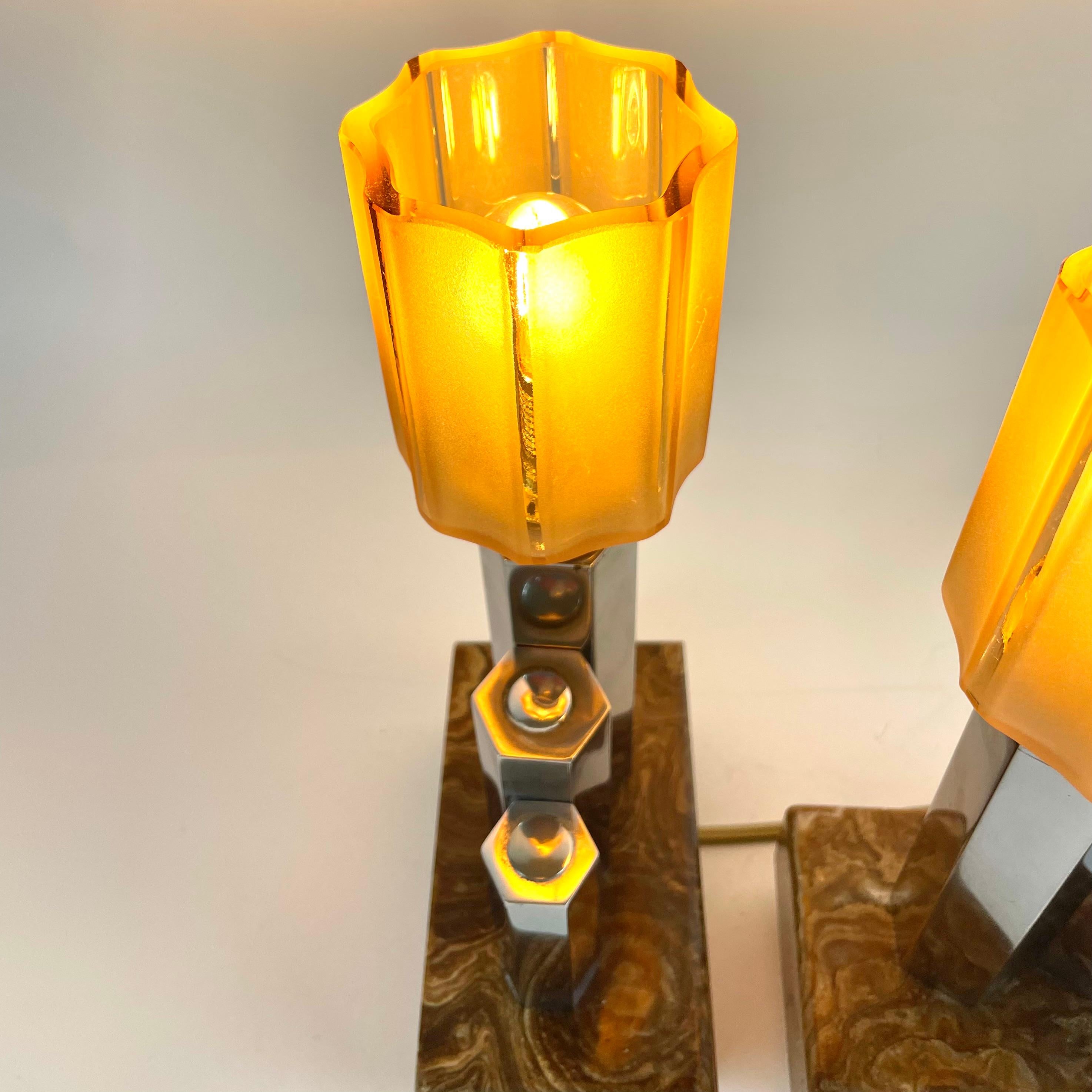 Pair of French Art Deco Table Lamps in Onyx, Chrome & Frosted Glass, 1930s For Sale 10