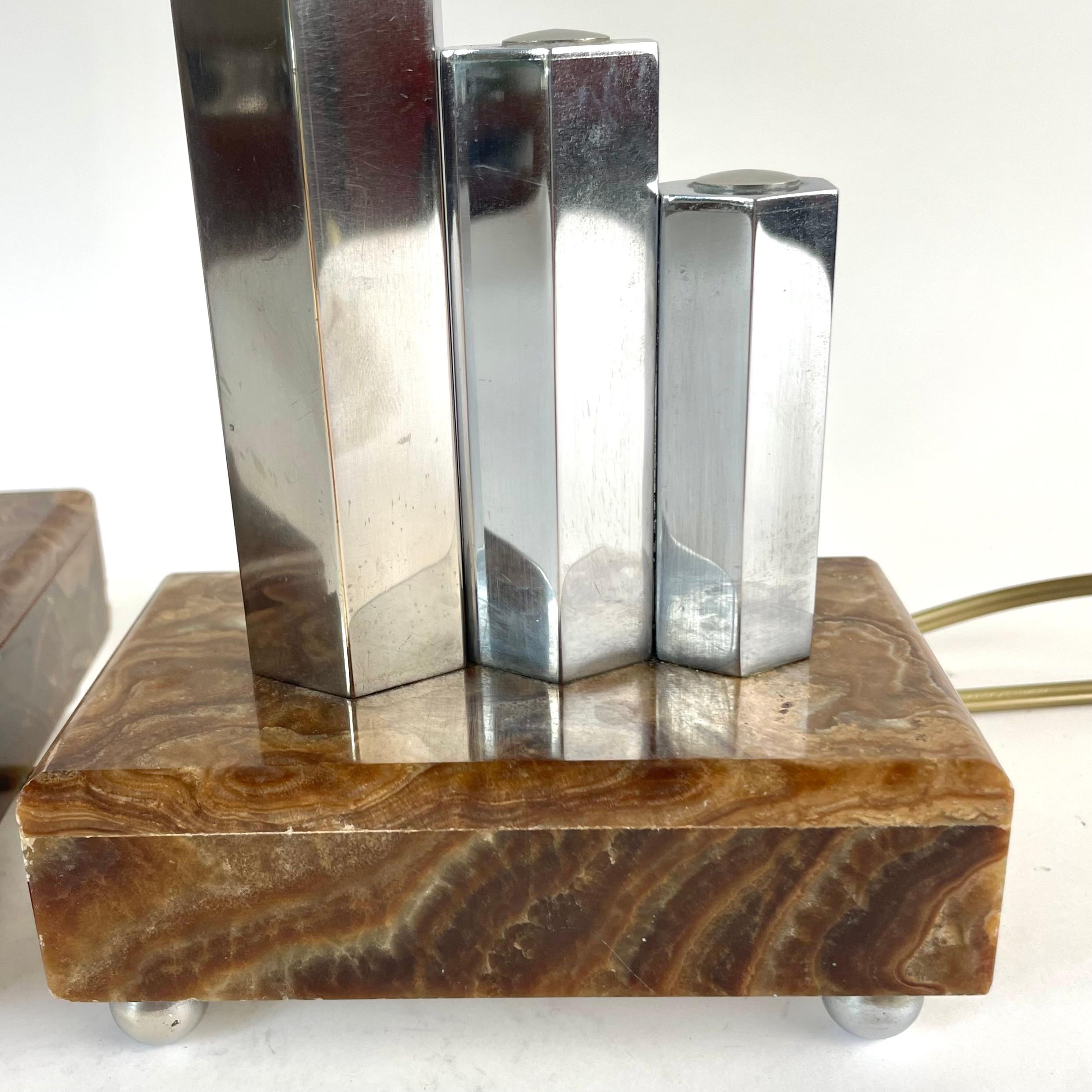Pair of French Art Deco Table Lamps in Onyx, Chrome & Frosted Glass, 1930s For Sale 11