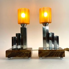 Paar französische Art-Déco-Tischlampen aus Onyx, Chrom und mattiertem Glas, 1930er Jahre