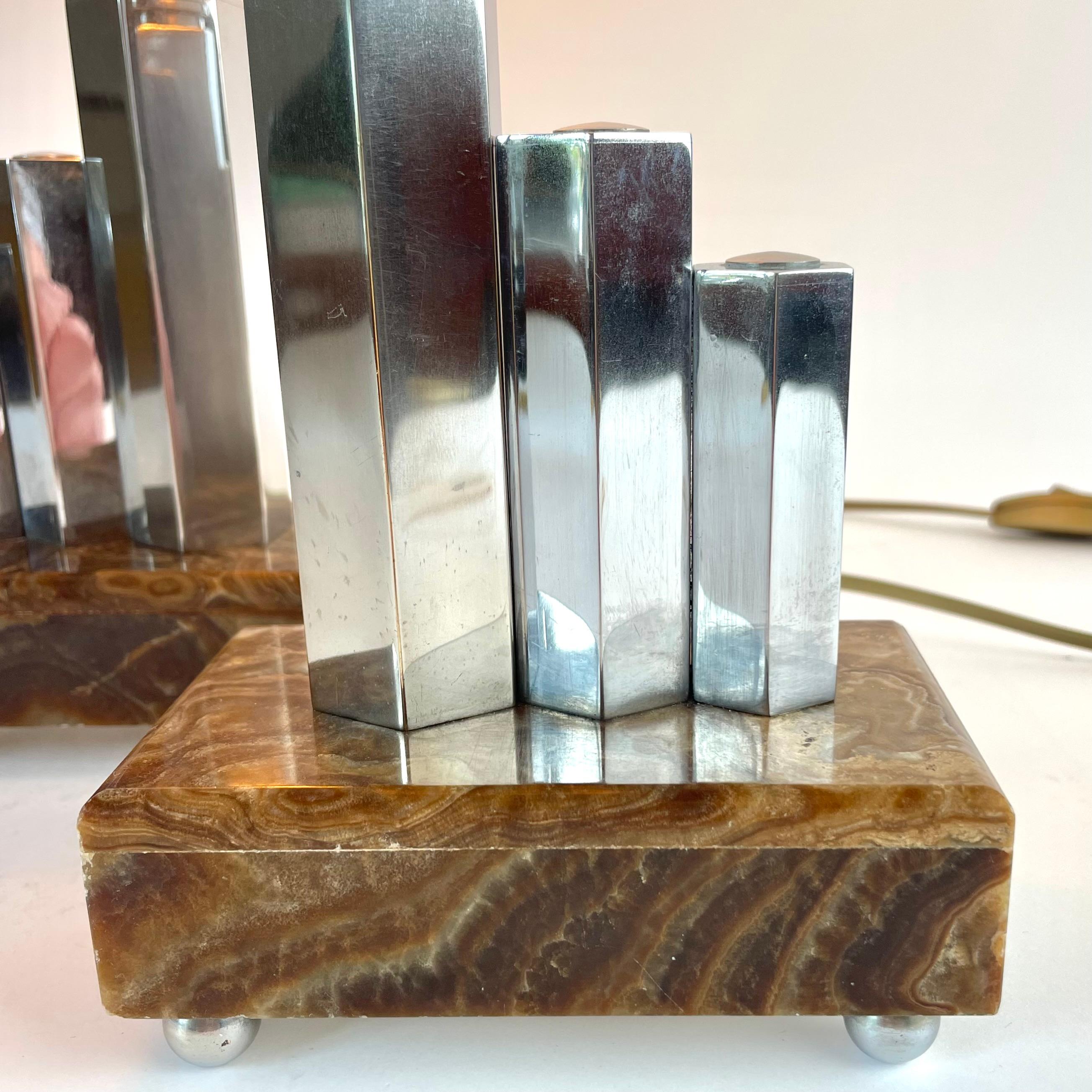 Pair of French Art Deco Table Lamps in Onyx, Chrome & Frosted Glass, 1930s For Sale 5