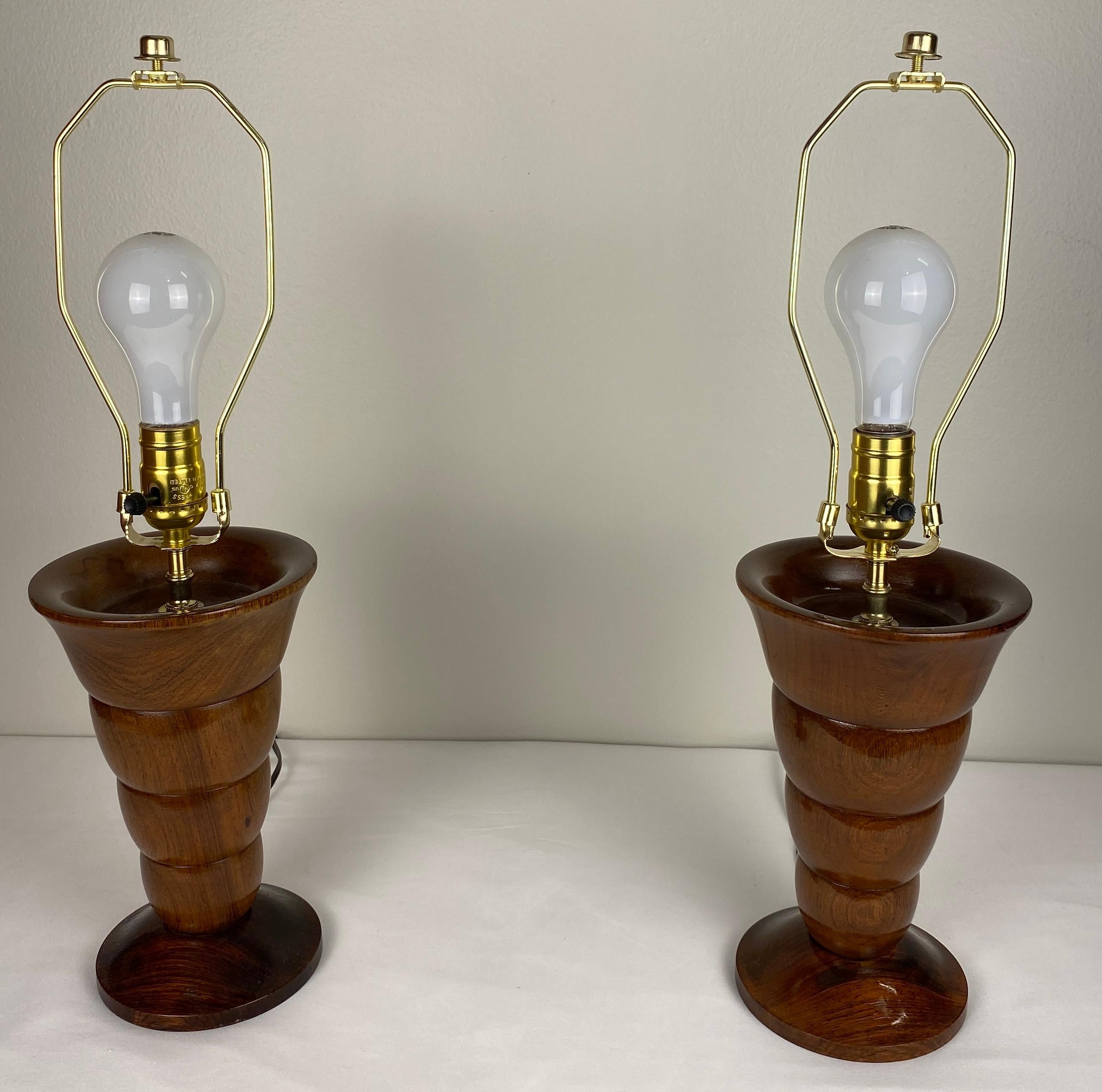 Pair of French Art Deco Table Lamps Solid Rosewood  In Good Condition For Sale In Miami, FL