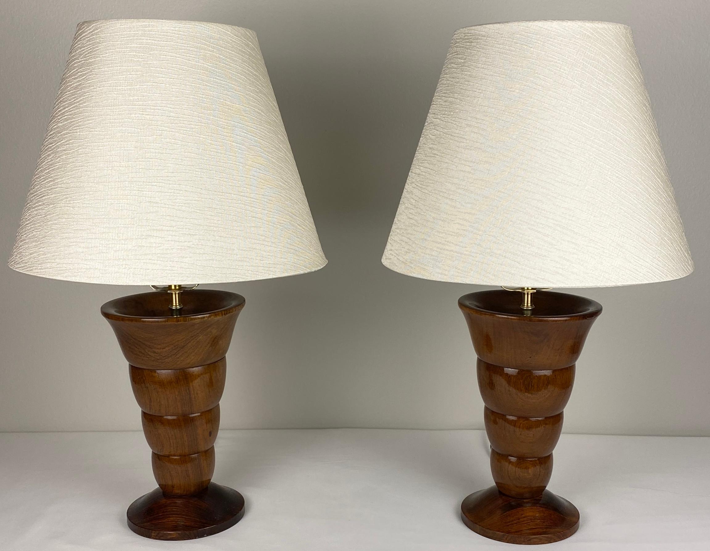 20th Century Pair of French Art Deco Table Lamps Solid Rosewood  For Sale