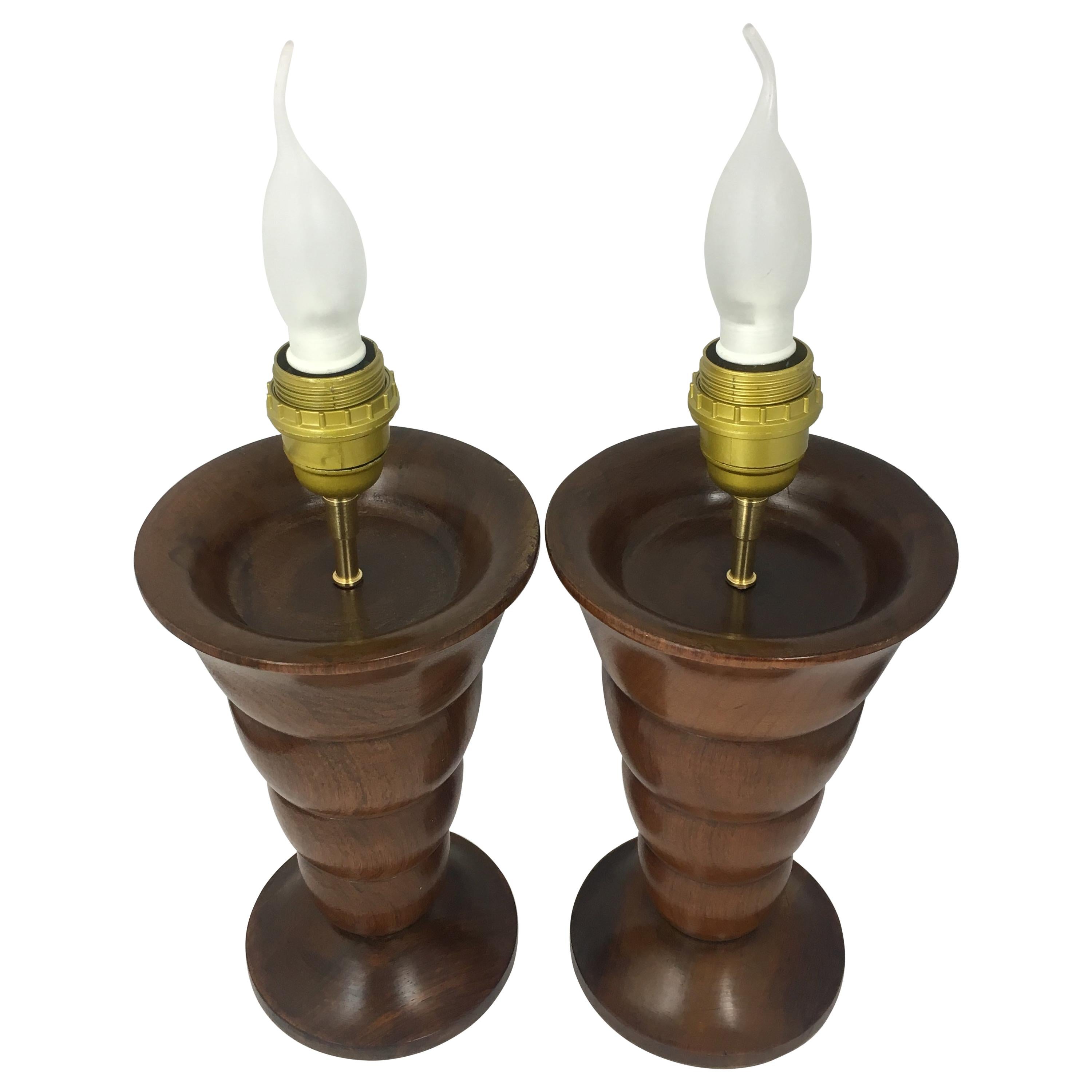 Pair of French Art Deco Table Lamps Solid Wood