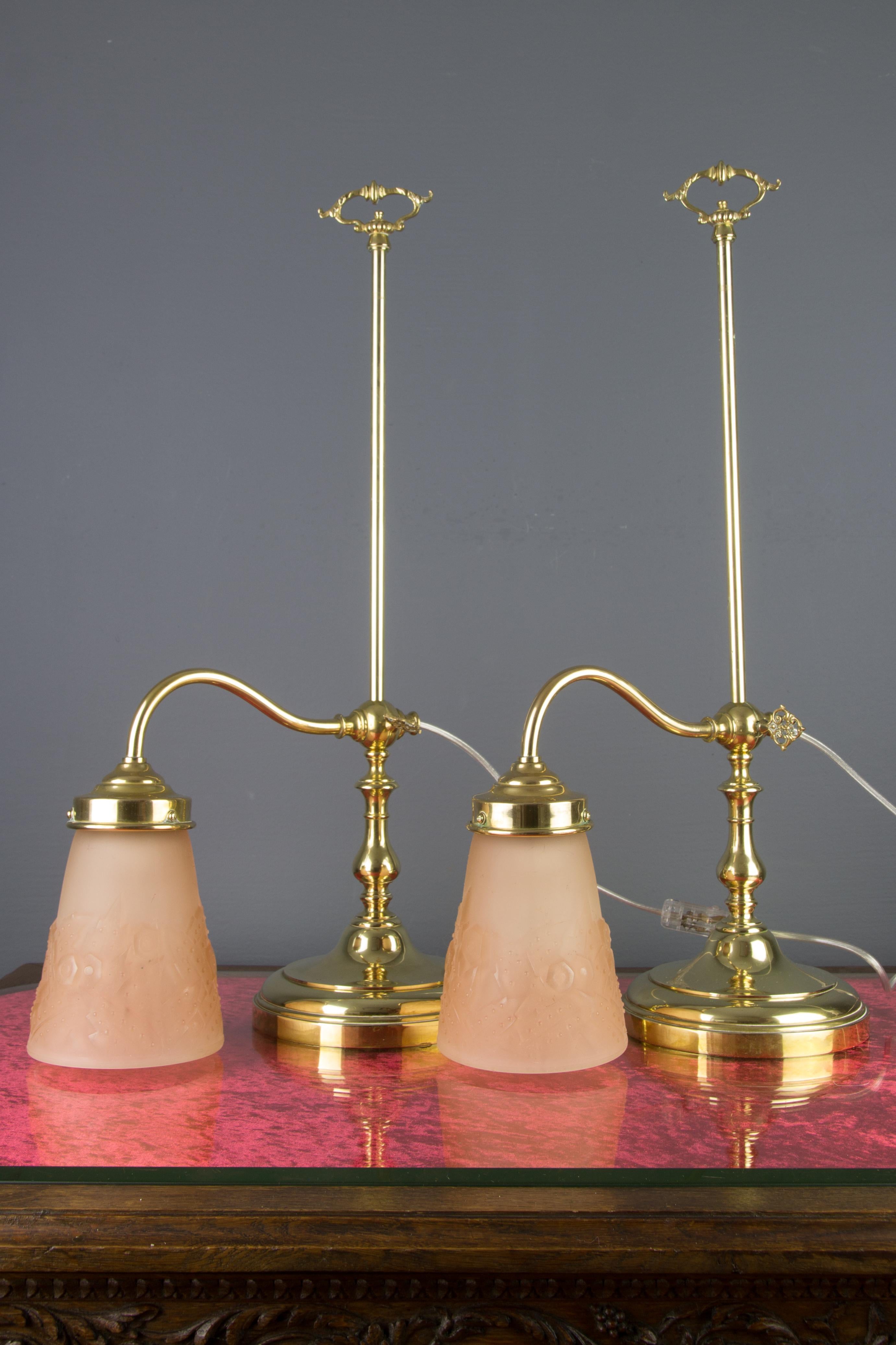 Pair of French Art Deco Table Lamps with Pink Signed Muller Frères Glass Shades 13