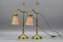 Pair of French Art Deco Table Lamps with Pink Signed Muller Frères Glass Shades