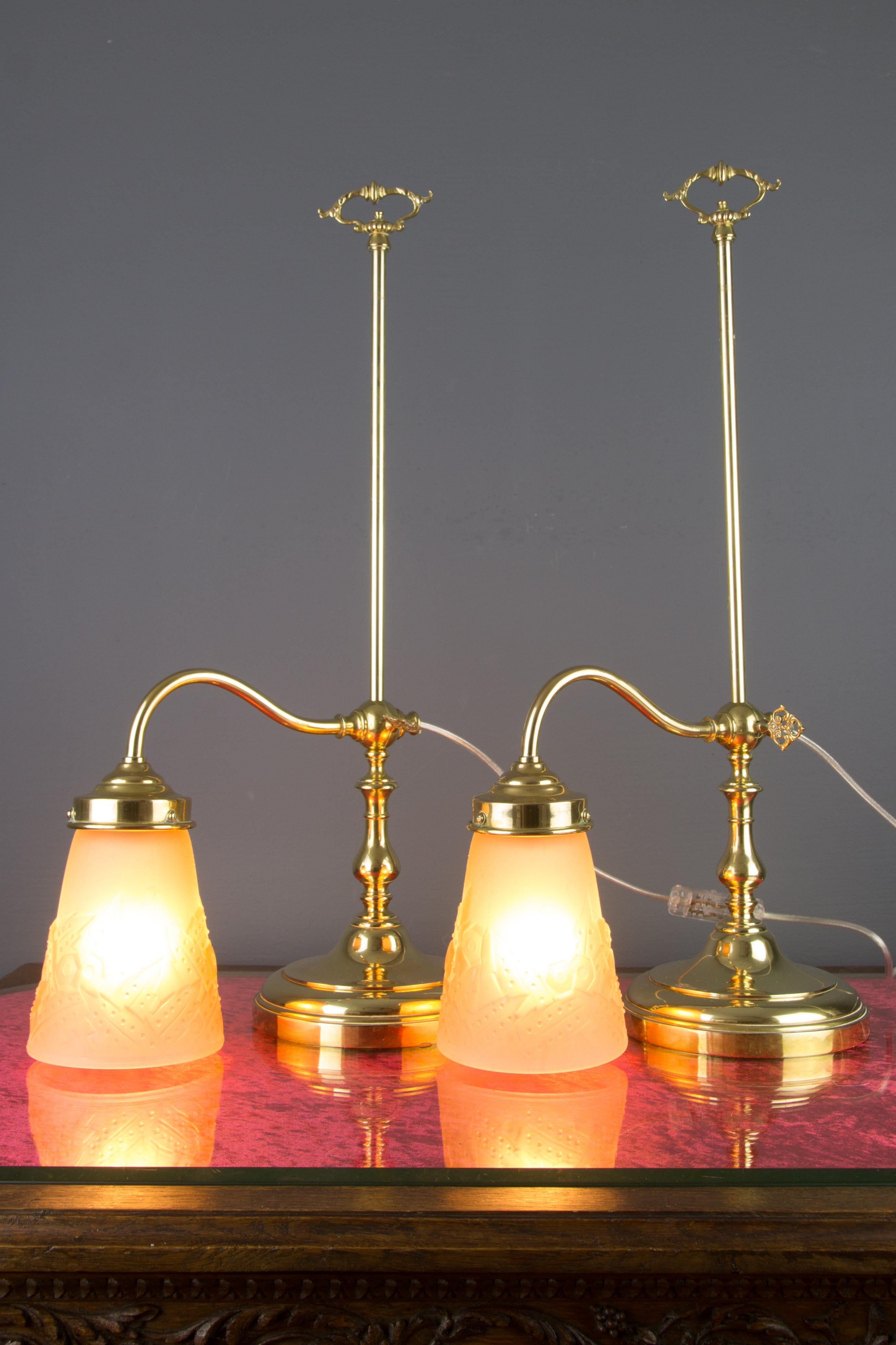 Pair of French Art Deco Table Lamps with Pink Signed Muller Frères Glass Shades 14
