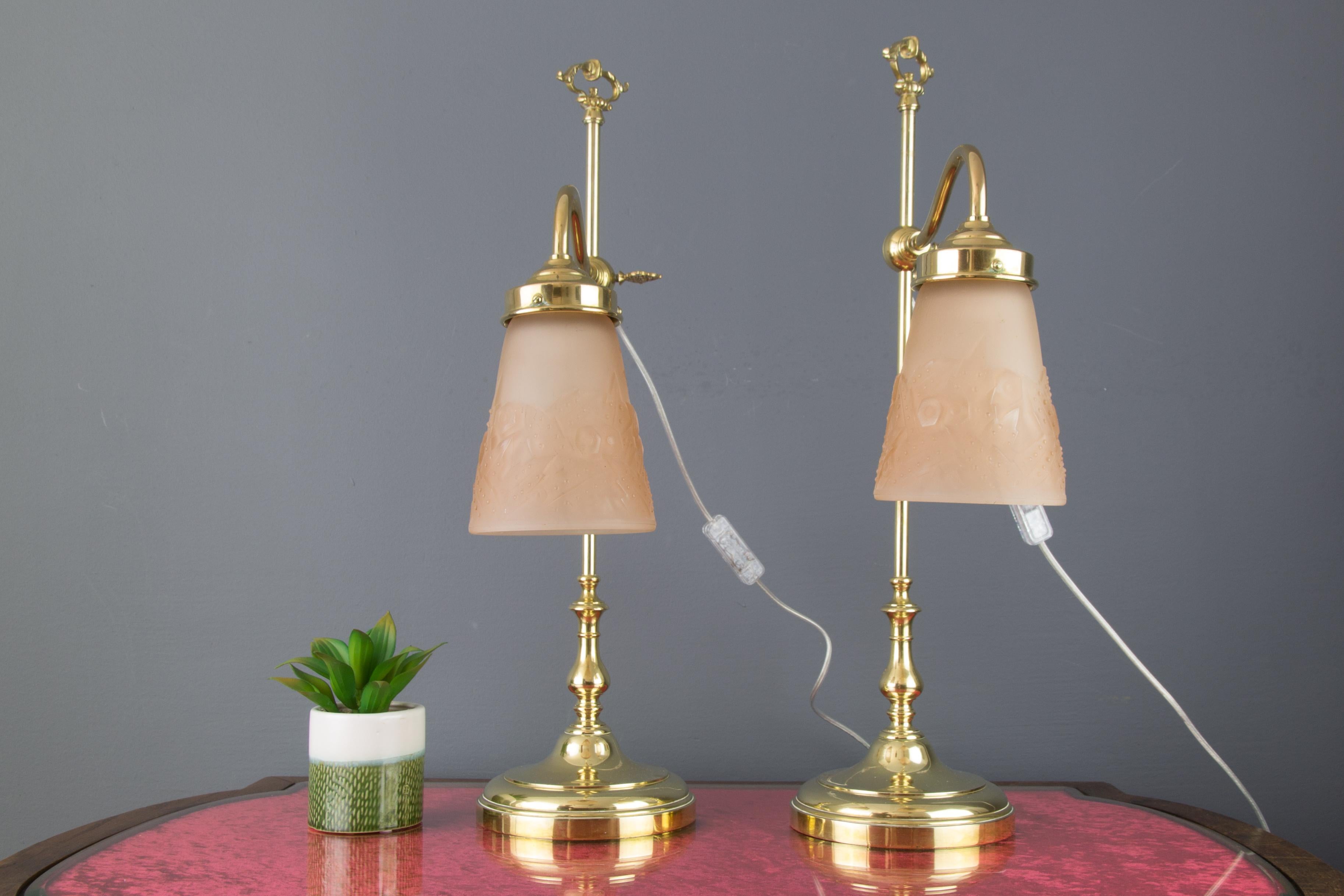 Brass Pair of French Art Deco Table Lamps with Pink Signed Muller Frères Glass Shades