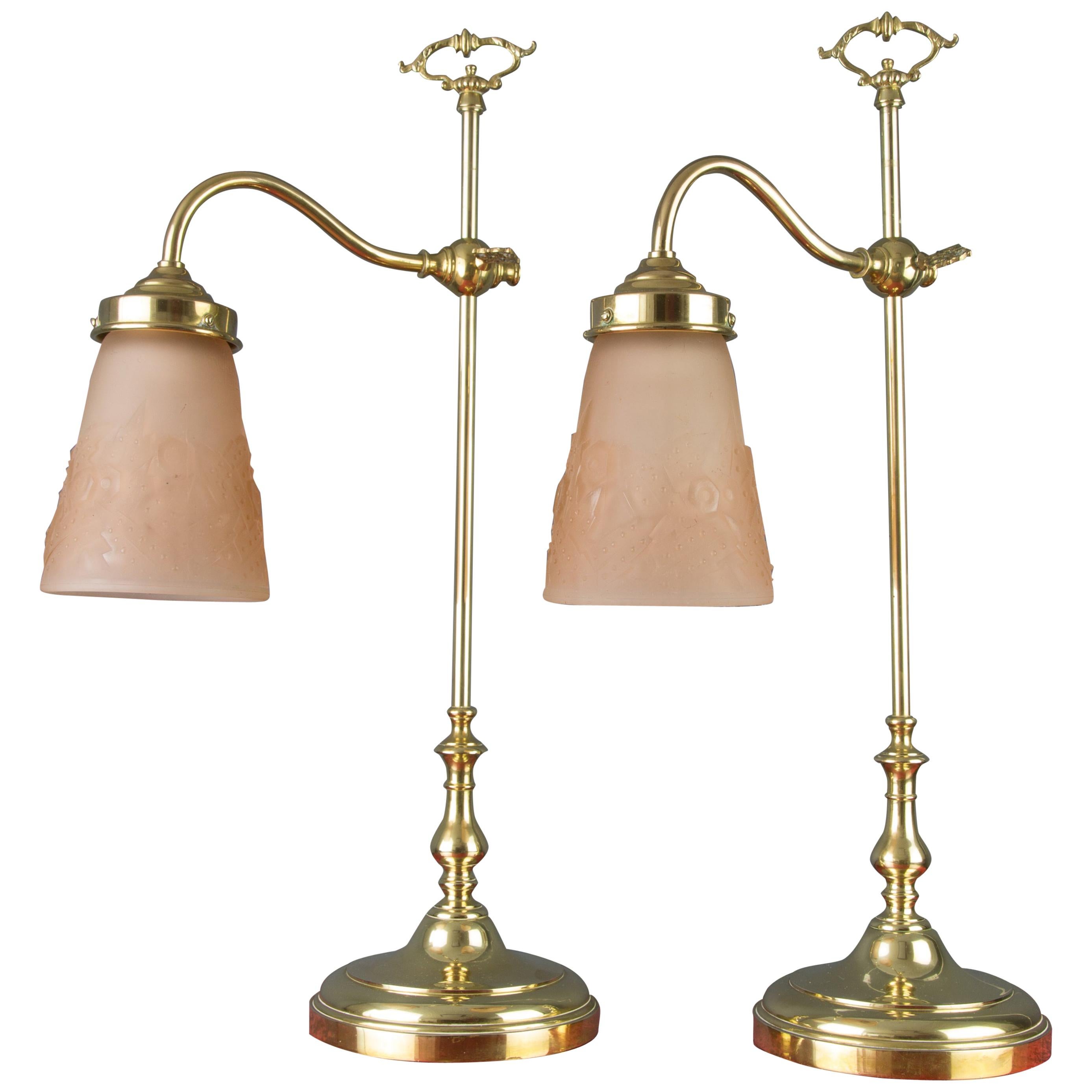 Pair of French Art Deco Table Lamps with Pink Signed Muller Frères Glass Shades