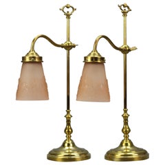 Antique Pair of French Art Deco Table Lamps with Pink Signed Muller Frères Glass Shades