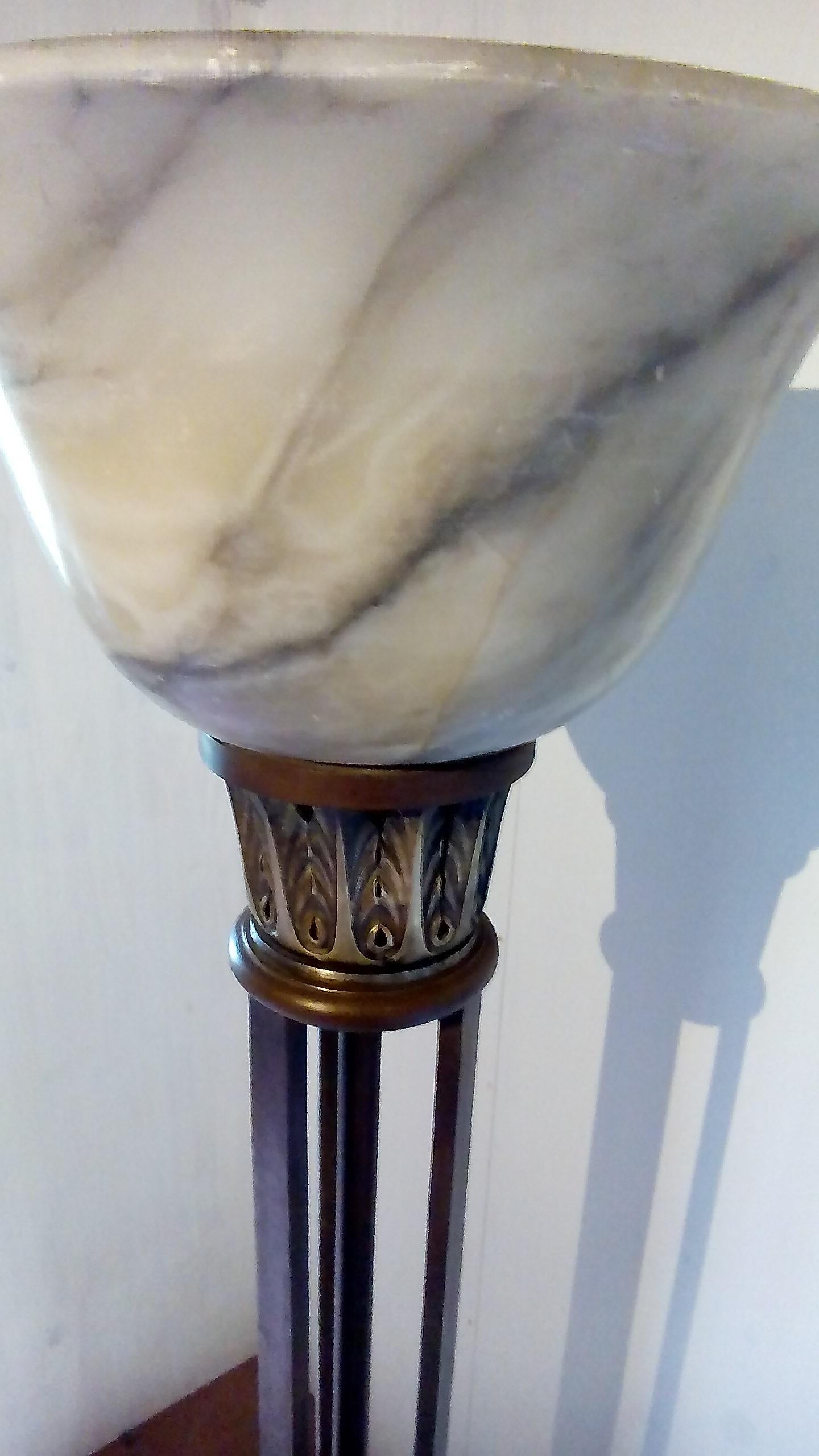 Pair of French Art Deco Torchere Floor Lamps in Wrought Iron and Alabaster 9