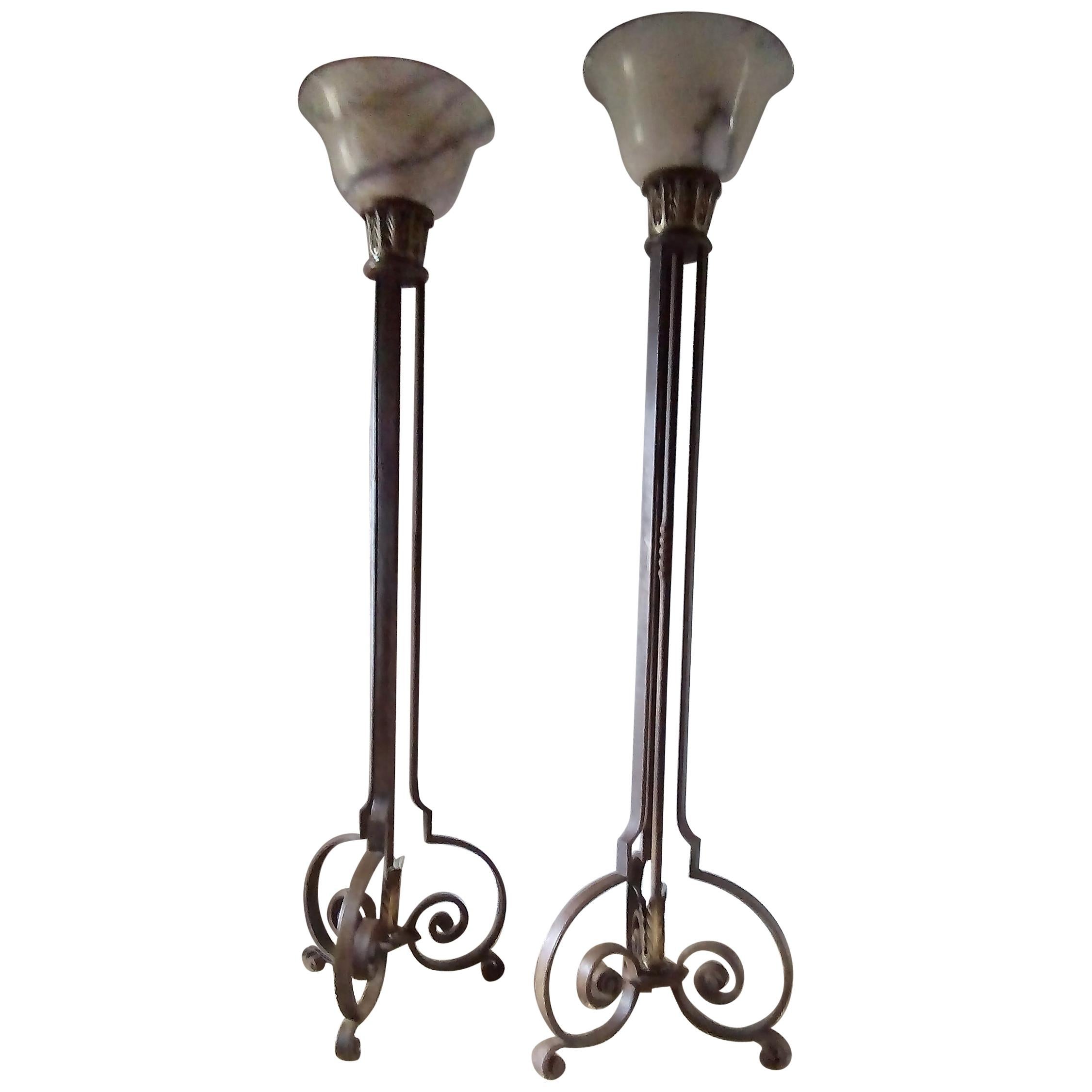 Pair of French Art Deco Torchere Floor Lamps in Wrought Iron and Alabaster