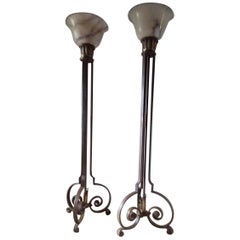 Pair of French Art Deco Torchere Floor Lamps in Wrought Iron and Alabaster