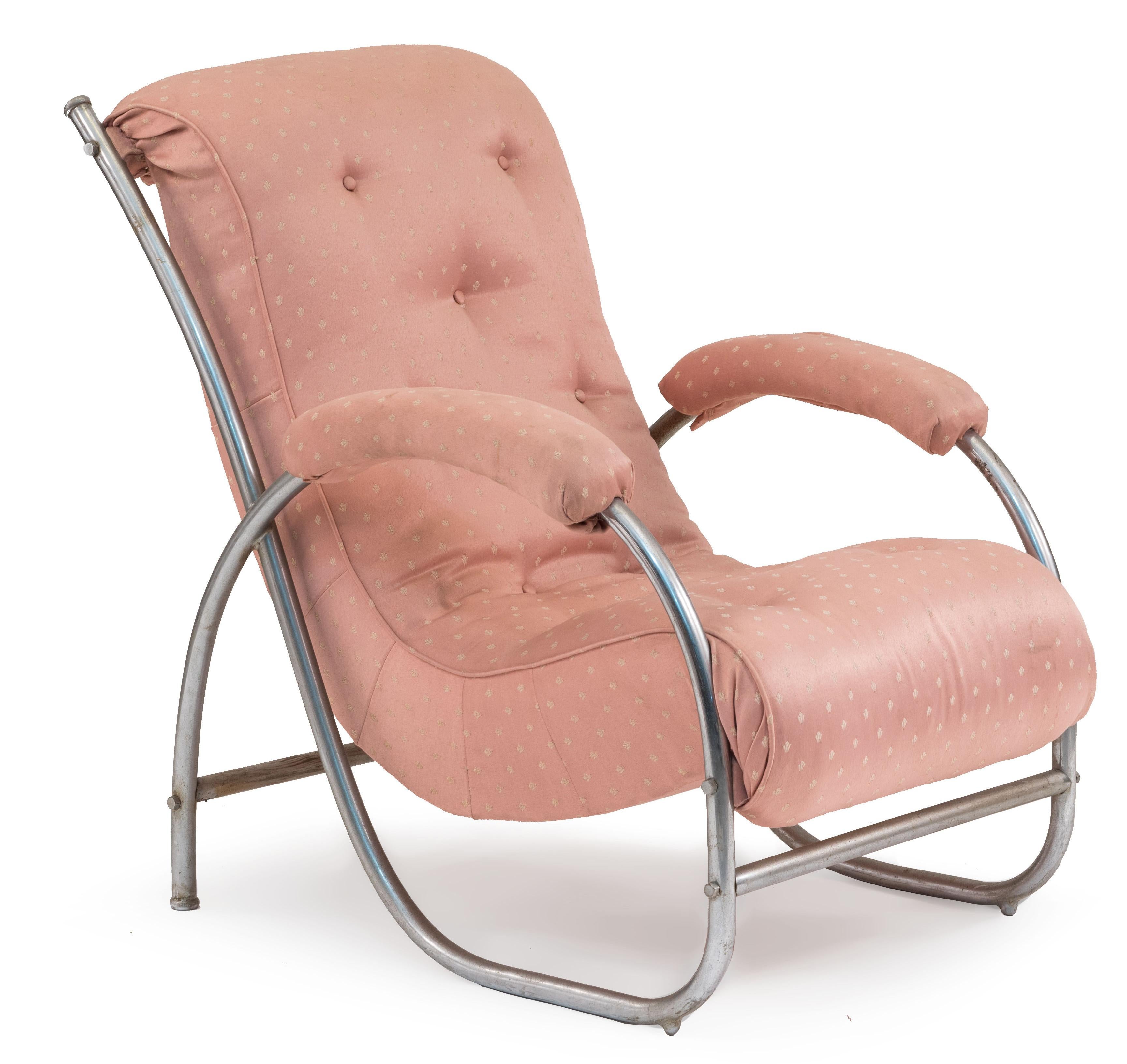 Pair of French Art Deco tubular chrome sleigh back Armchairs with pink upholstery (PRICED AS Pair)

