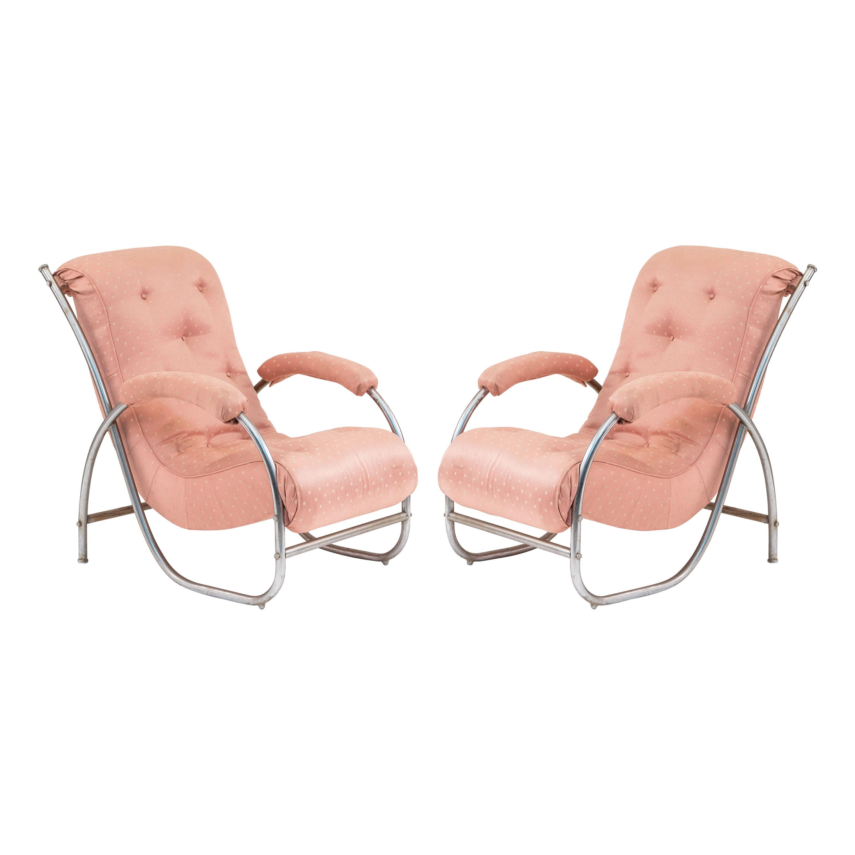 Pair of French Art Deco Tubular Pink Armchairs