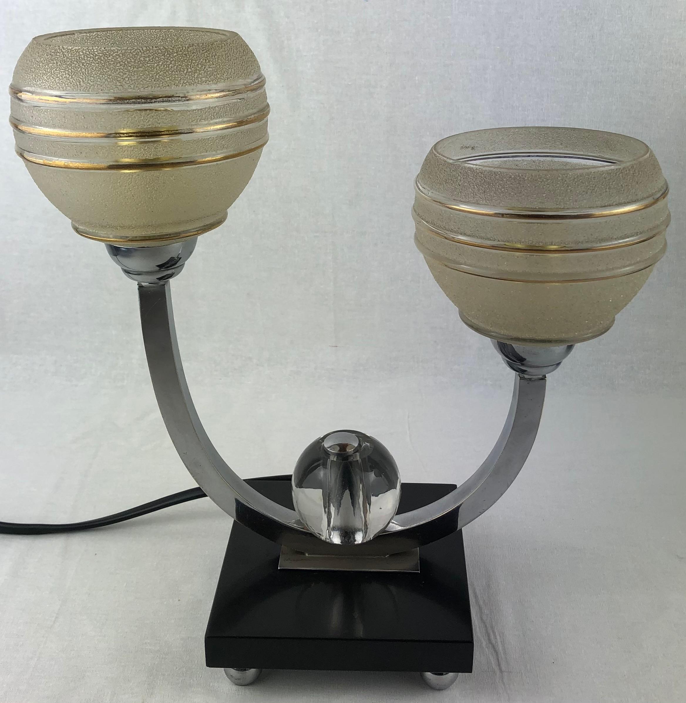 Pair of French Art Deco Two Arm Table Lamps Frosted Gold Trim Glass Shades 4