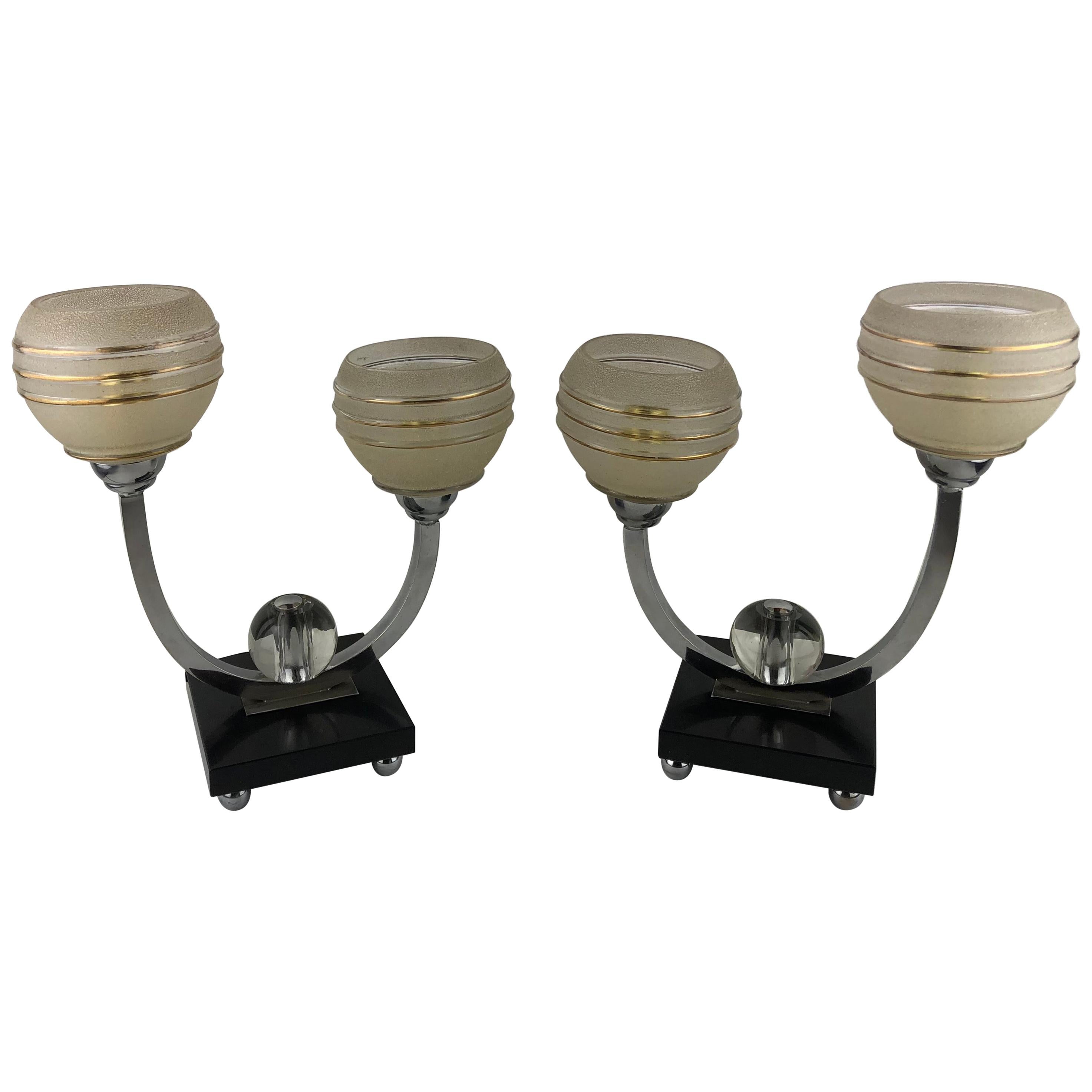 Pair of French Art Deco Lamps in Wrought Iron with Colored Glass Shades