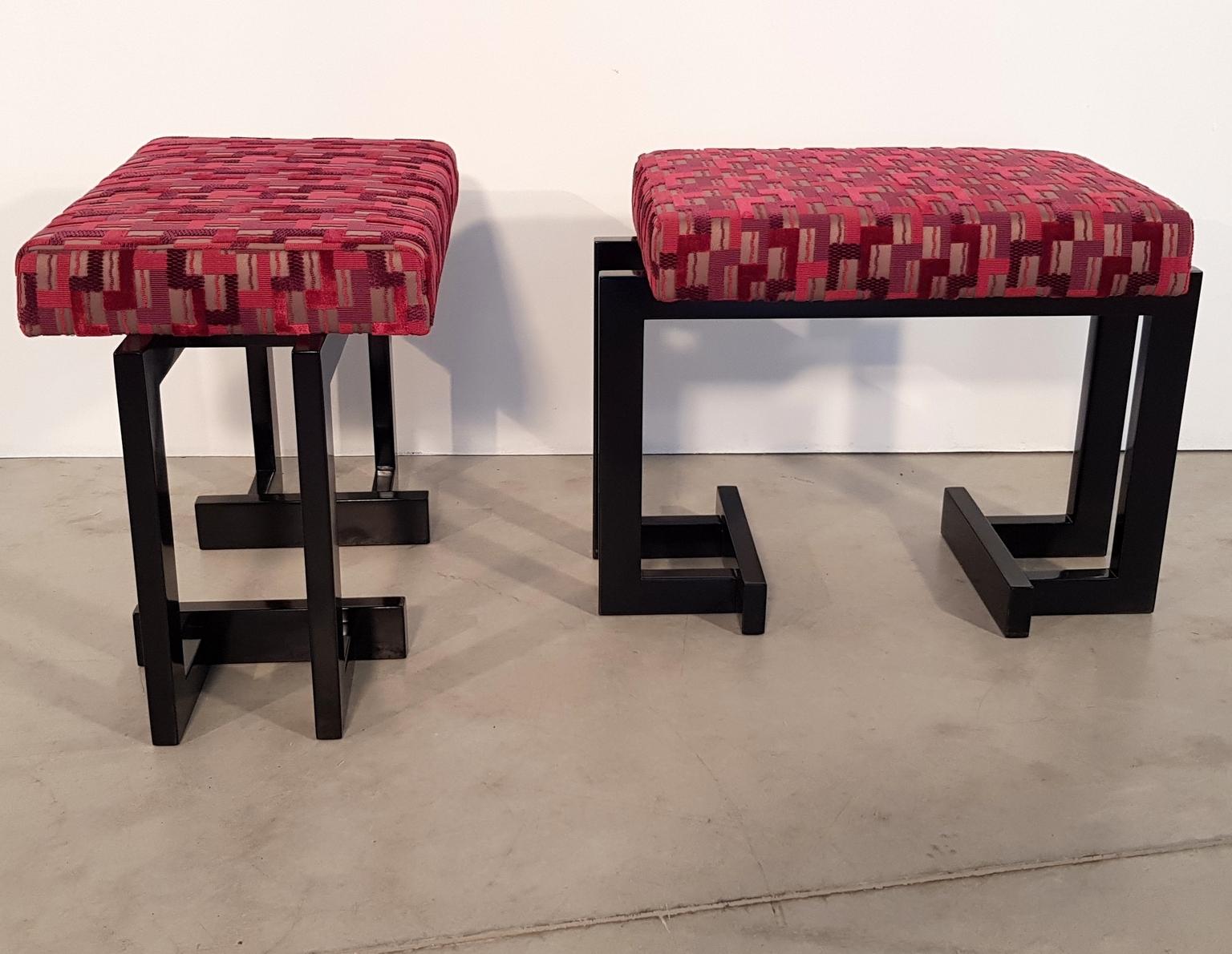 Incredible pair of art deco stools with lacquered black painted wood and beautiful 3-D textile. France, 1940s. Recently restored.