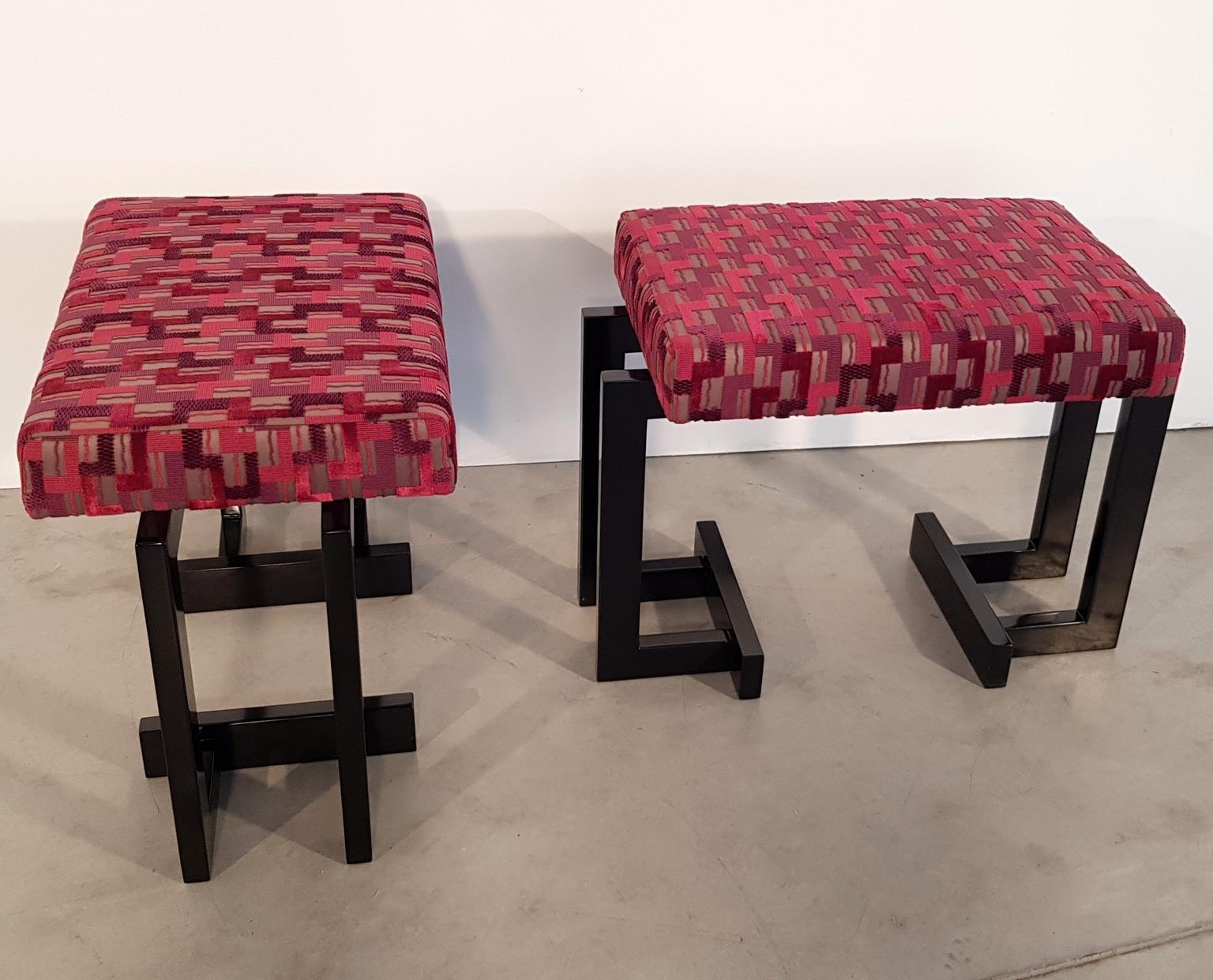 Lacquered Pair of French Art Deco Upholstered Stools with Black Wood For Sale