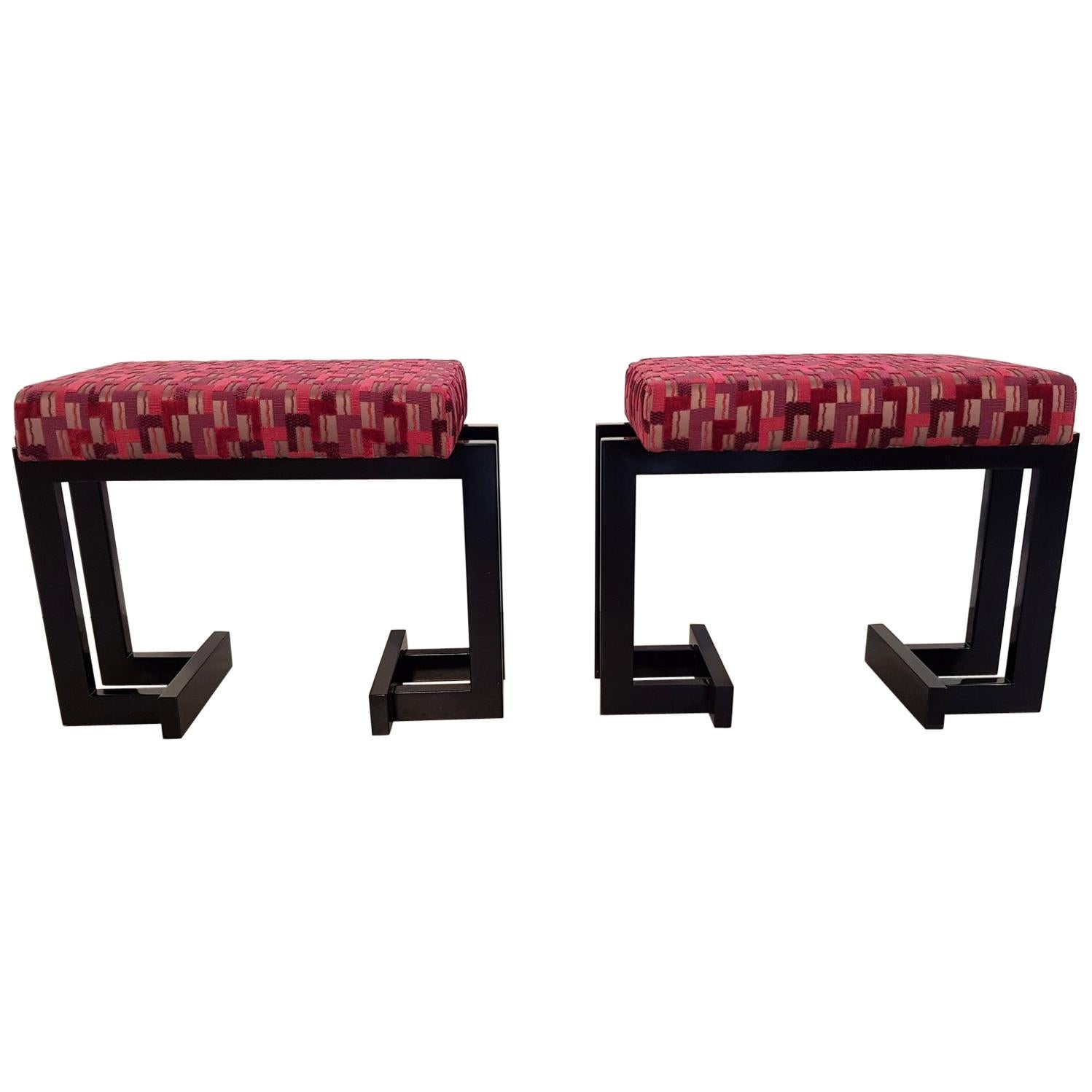 Pair of French Art Deco Upholstered Stools with Black Wood For Sale