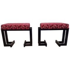 Pair of French Art Deco Upholstered Stools with Black Wood