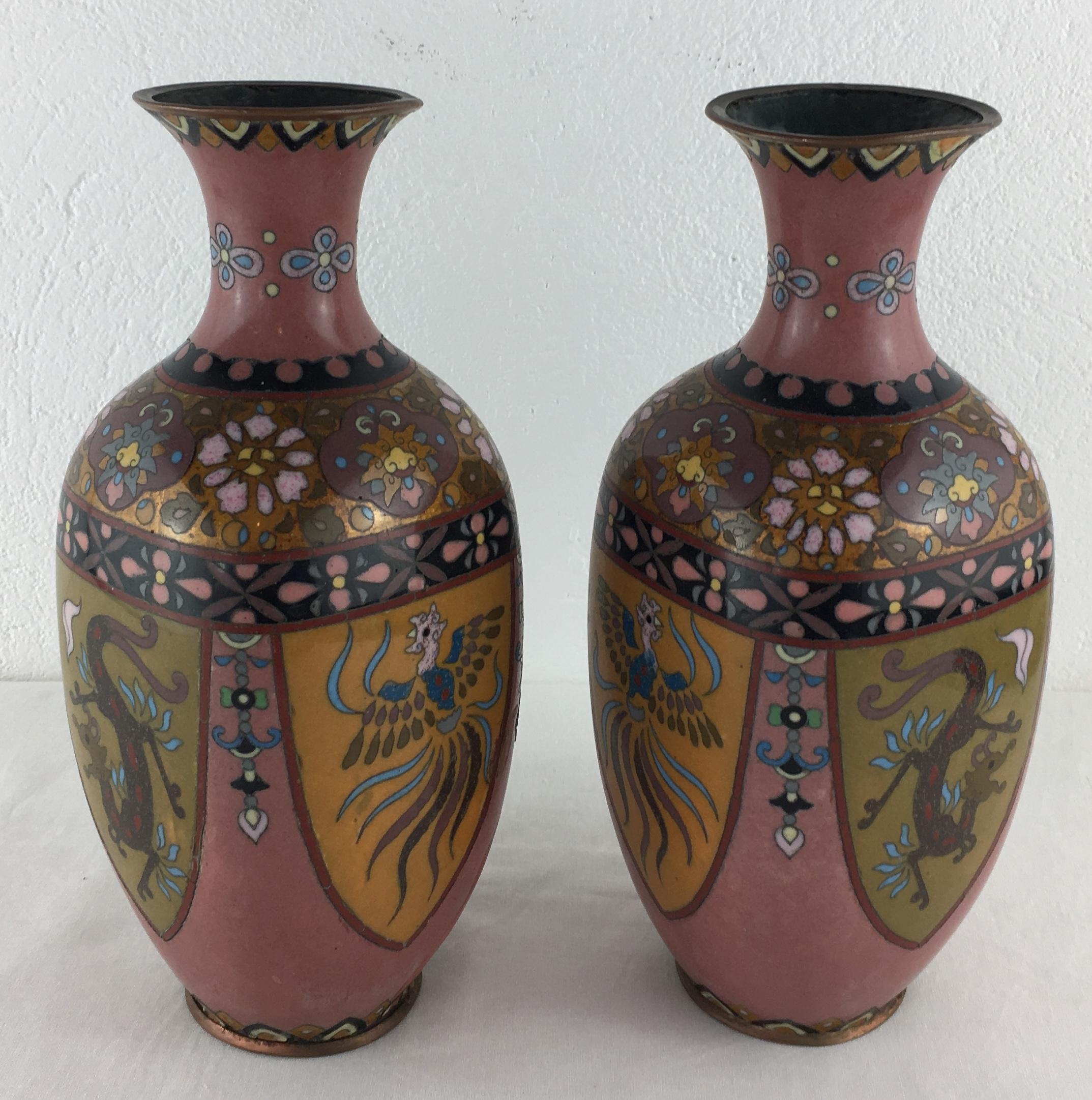 Enamel Pair of French Art Deco Vases Cloisonné, circa 1920s