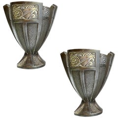 Pair of French Art Deco Vases, Geometrical and Floral Patterns, circa 1925 Pair of French Art Deco Vases, Geometrical and Floral Patterns, circa 1925