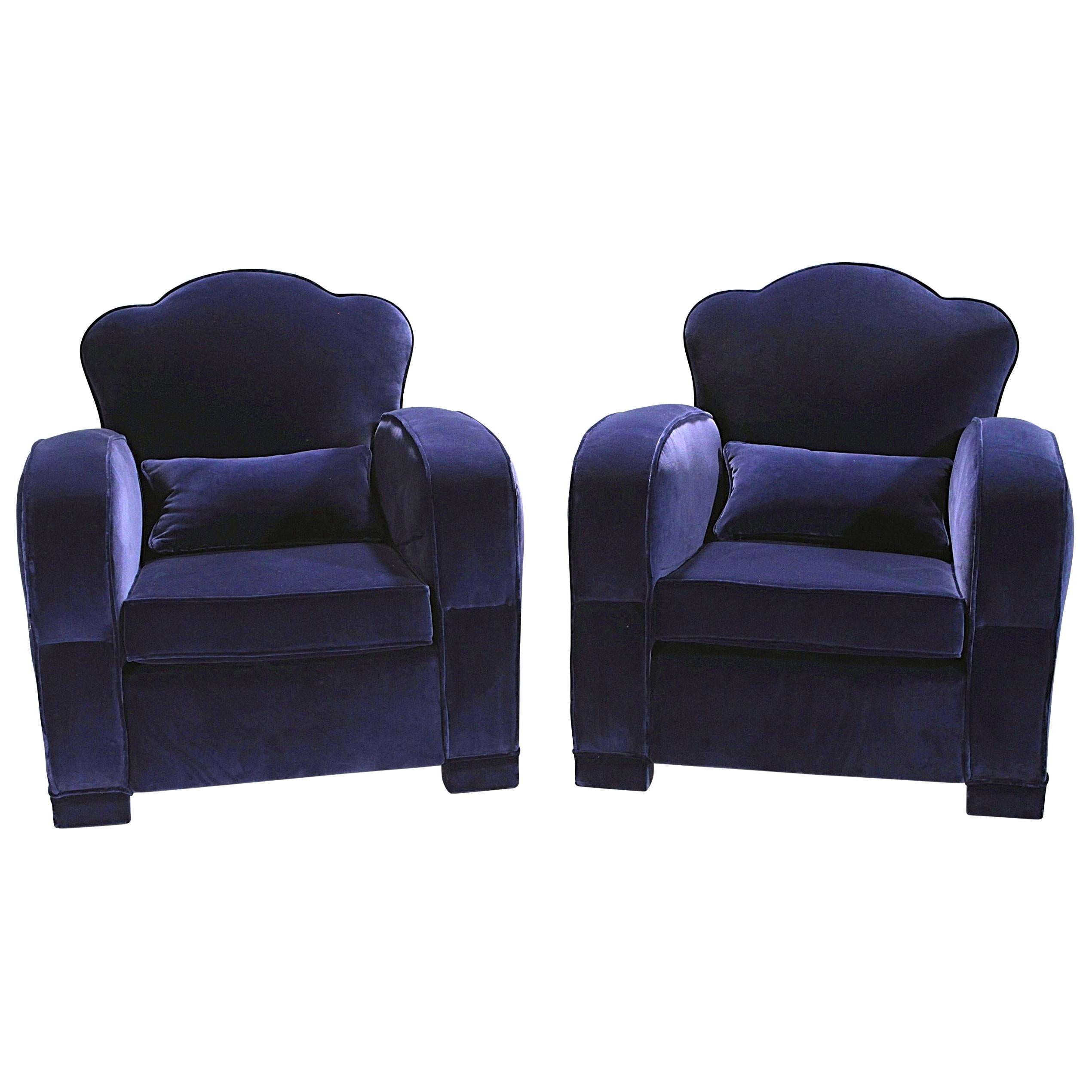 Pair of French Art Deco Velvet Club Armchairs, 1940s