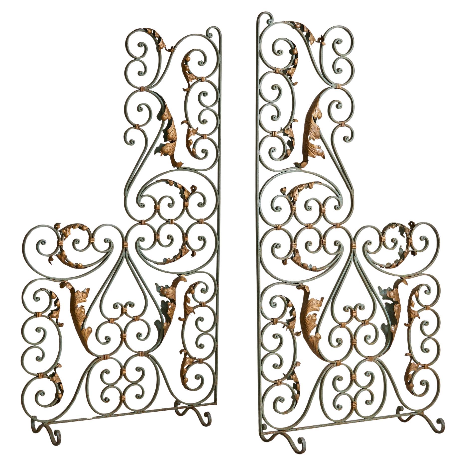 Pair of French Art Deco Verdigris Wrought Iron Screens or Room Dividers, 1940s