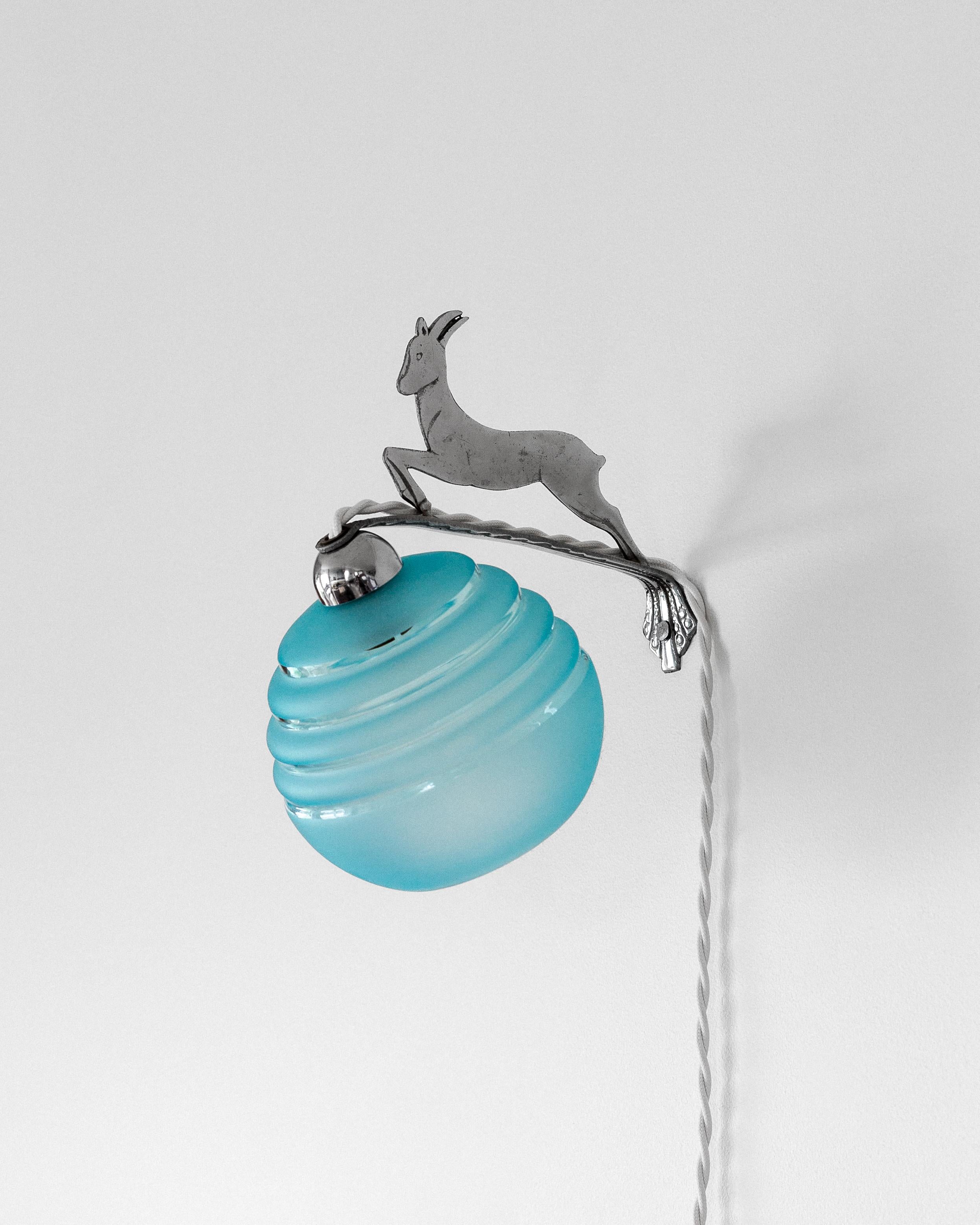Pair of French Art Deco Wall Lamps / Sconce, Metal and Blue Glass, 1930s In Good Condition For Sale In Stockholm, SE