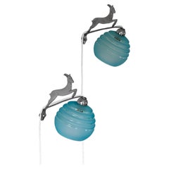 Pair of French Art Deco Wall Lamps / Sconce, Metal and Blue Glass, 1930s