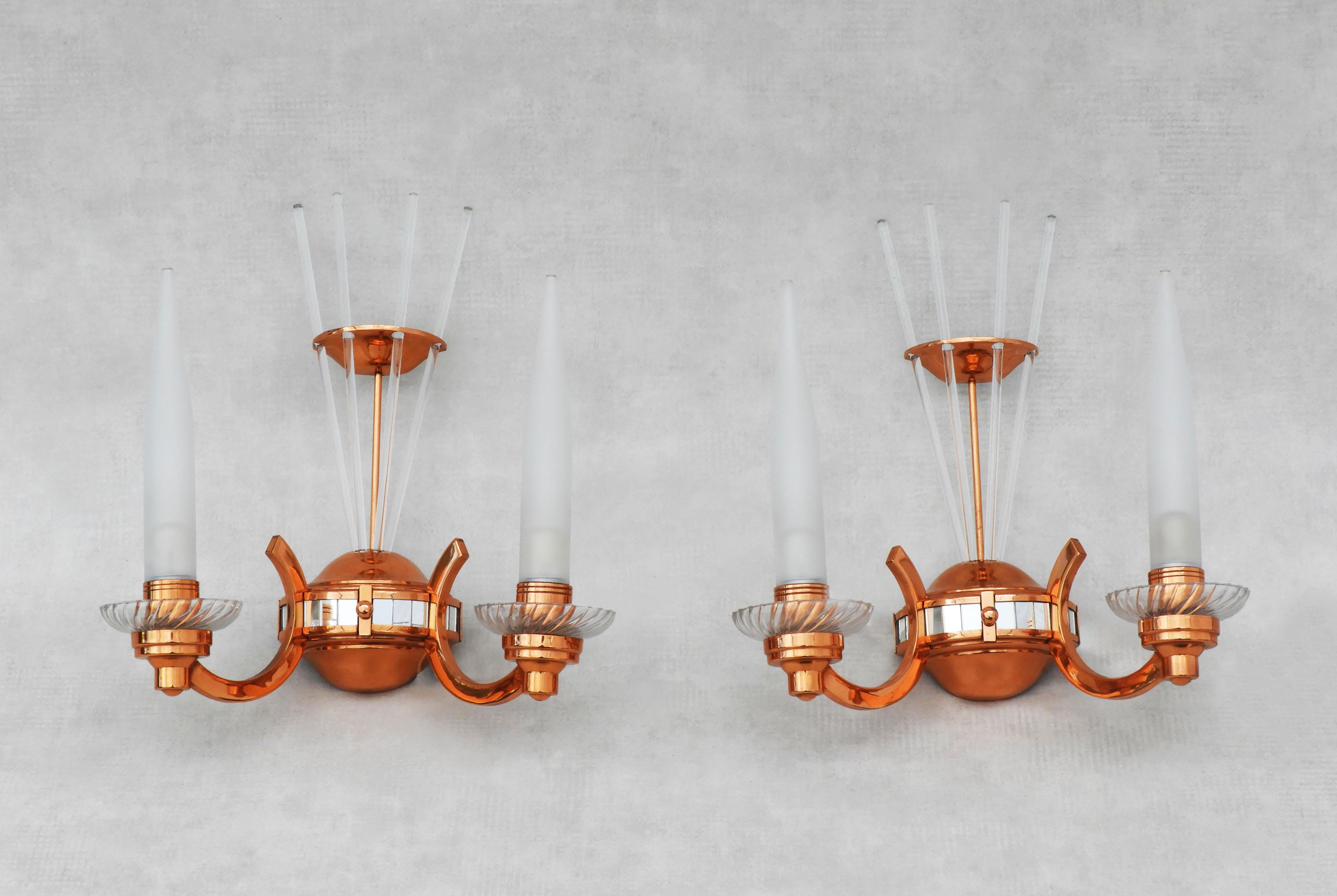 Copper Pair of French Art Deco Wall Light Sconces by Petitot, C1930 FREE SHIPPING For Sale