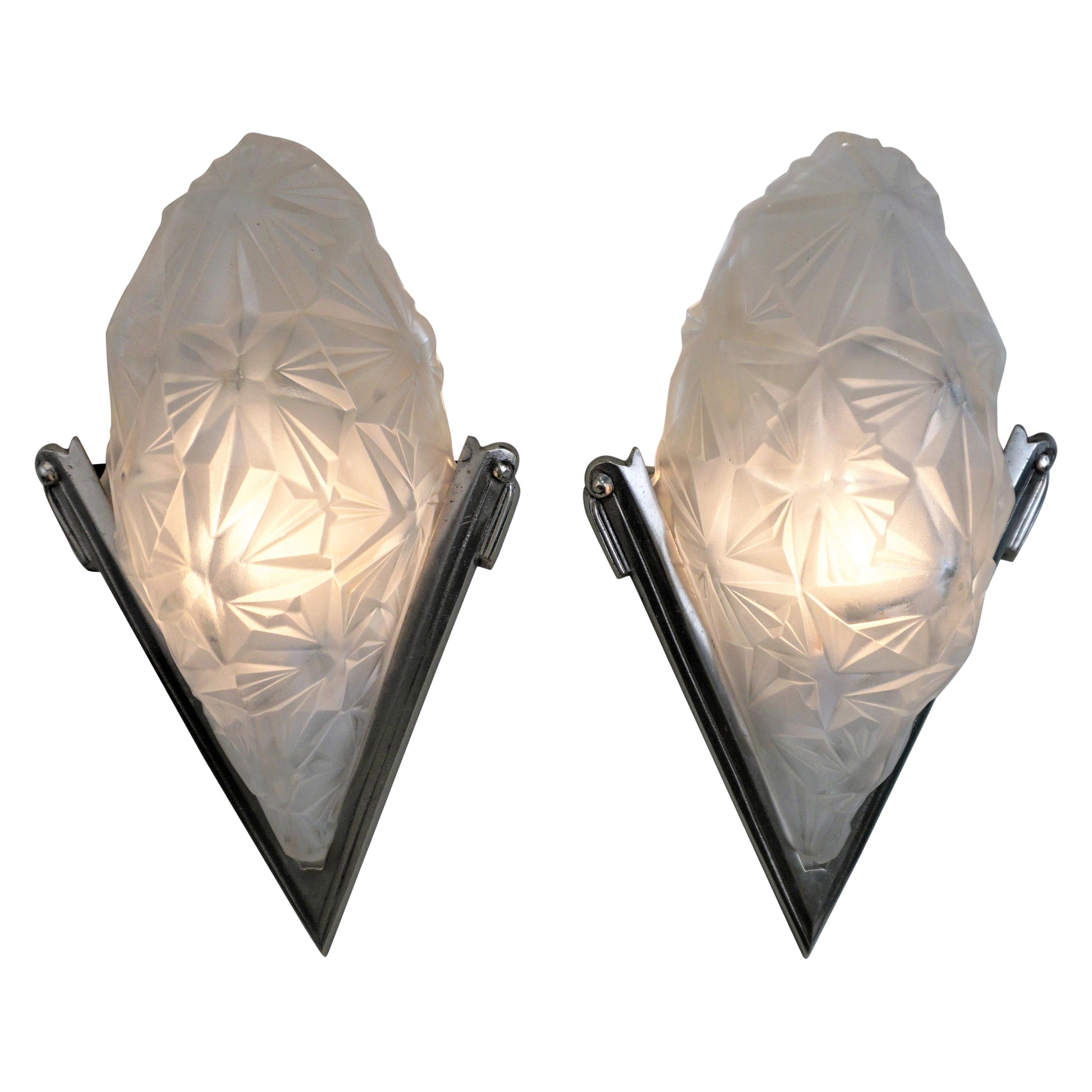 Pair of French Art Deco Wall Sconces Signed by Degué