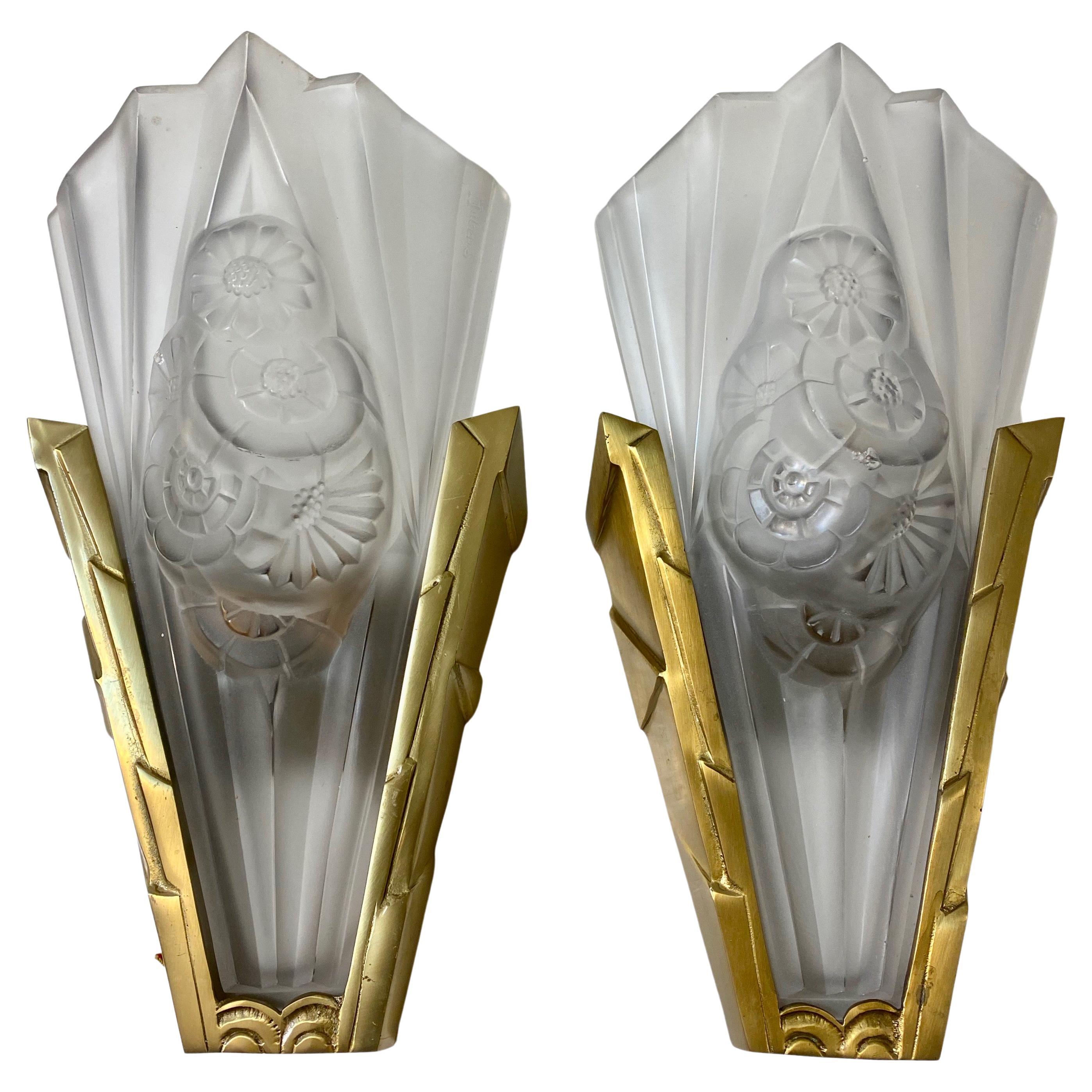 Pair of French Art Deco Wall Sconces Signed by Degue For Sale