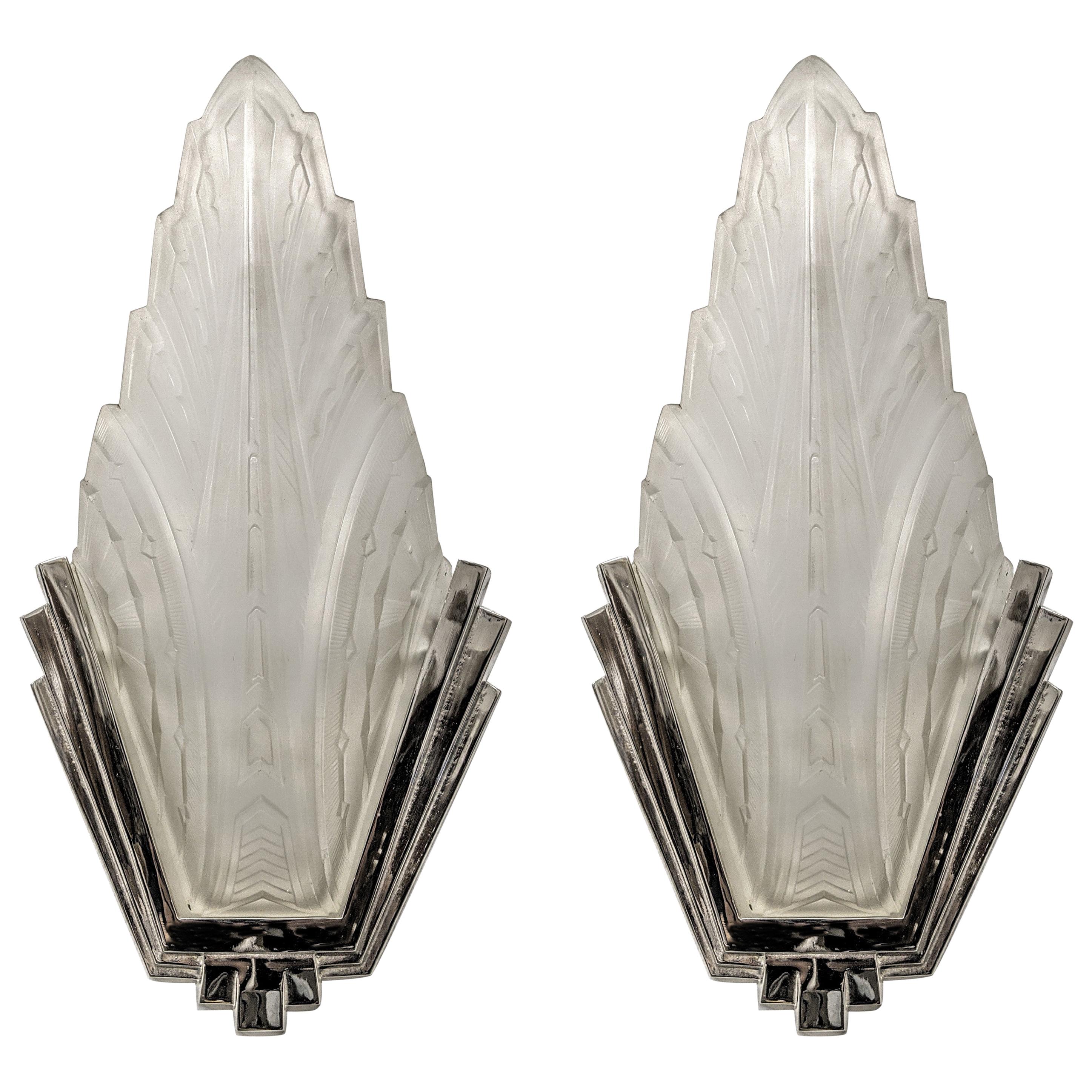 Pair of French Art Deco Wall Sconces Signed by Hanots (two pair available)