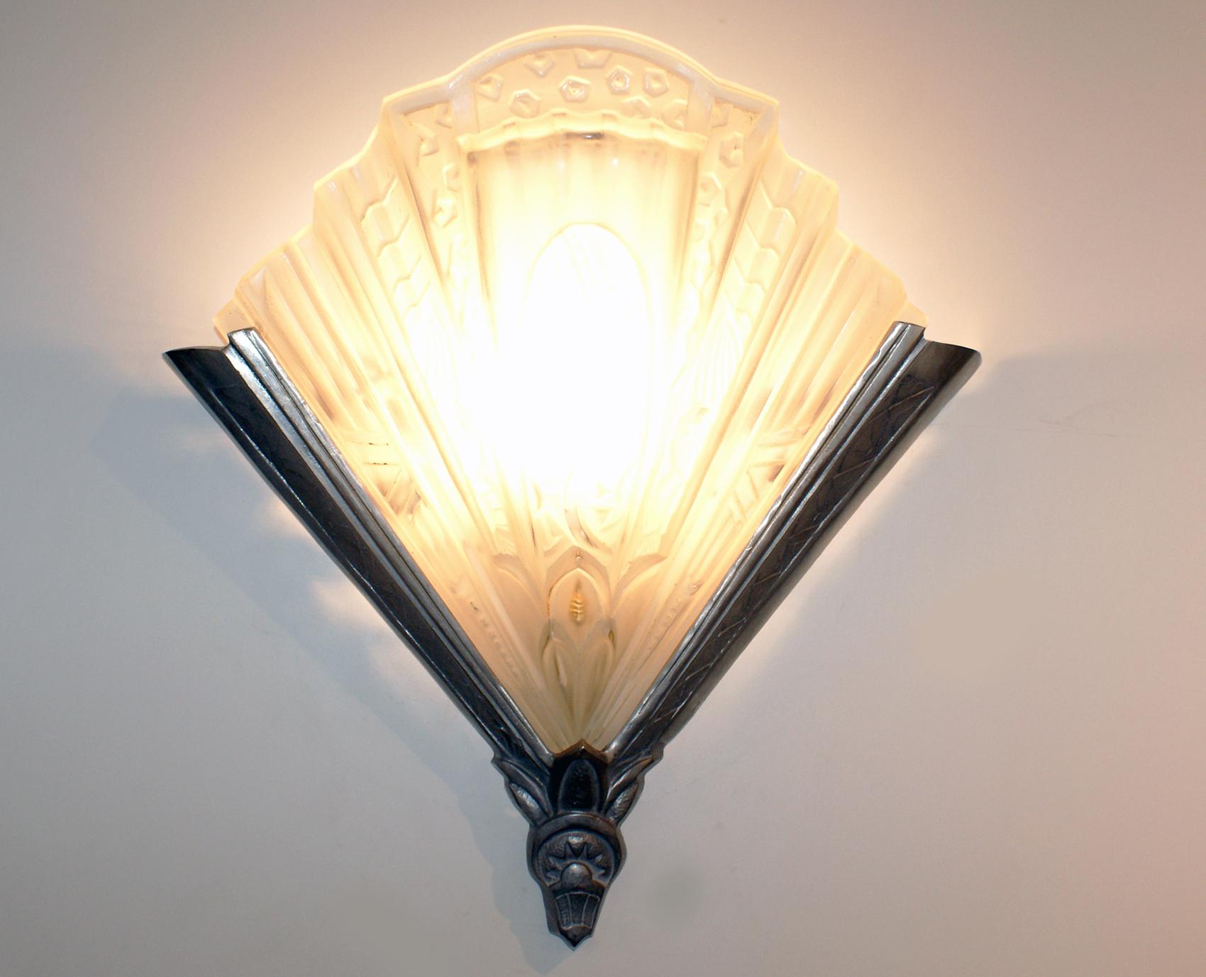 Frosted Pair of French Art Deco Wall Sconces Signed Frontisi For Sale