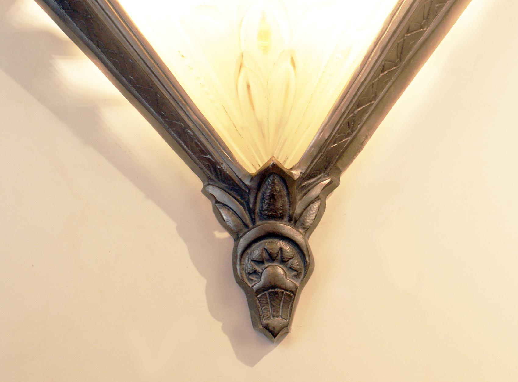 Bronze Pair of French Art Deco Wall Sconces Signed Frontisi For Sale