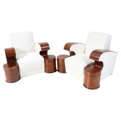 Pair of French Art Deco Walnut and Bouclé Club Chairs Jean Royère Style, 1930s
